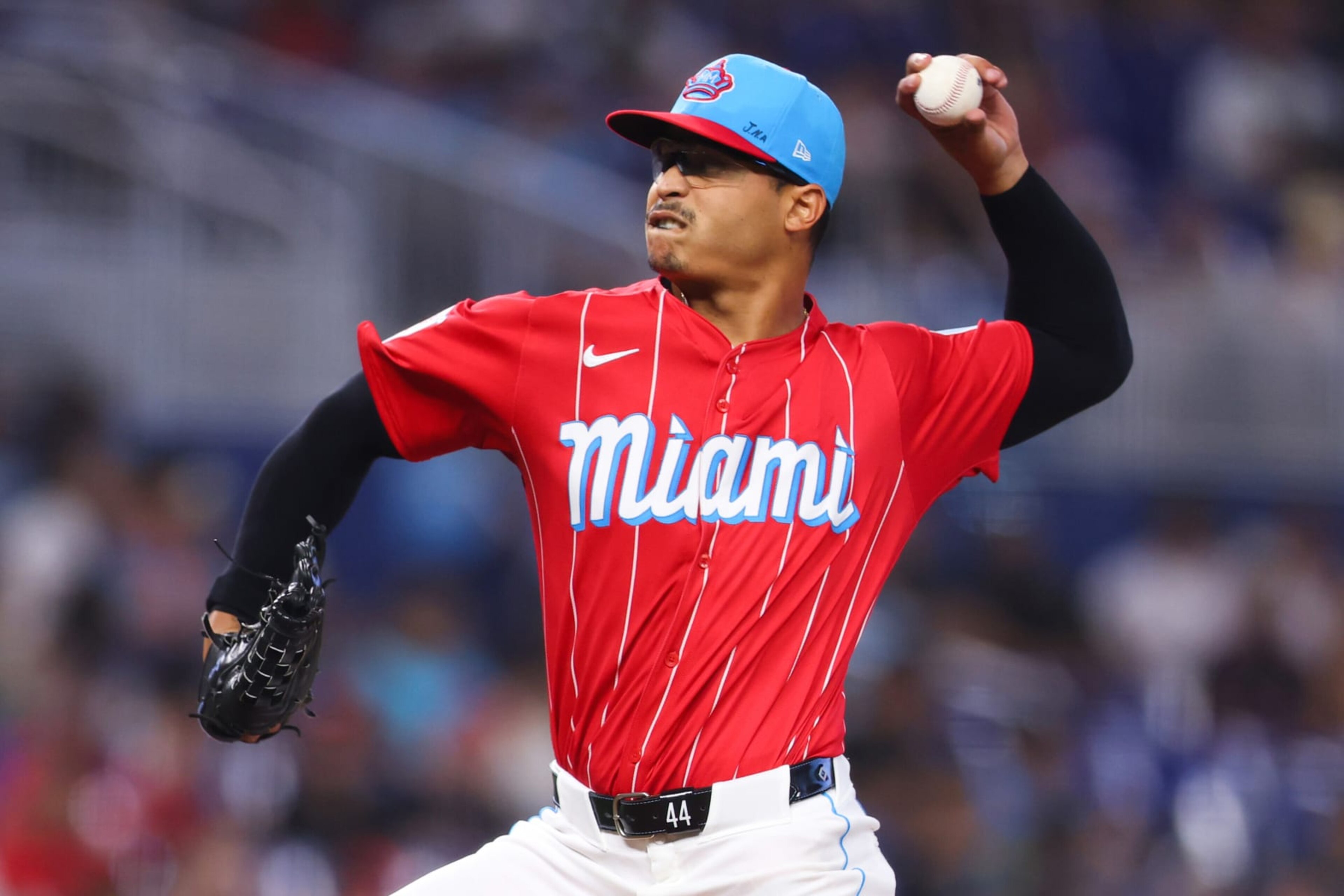 MIAMI, FLORIDA - MAY 11: Jesus Luzardo #44 of the Miami Marlins pitches against the Philadelphia Phillies during the second inning of the game at loanDepot park on May 11, 2024 in Miami, Florida. (Photo by Megan Briggs/Getty Images)