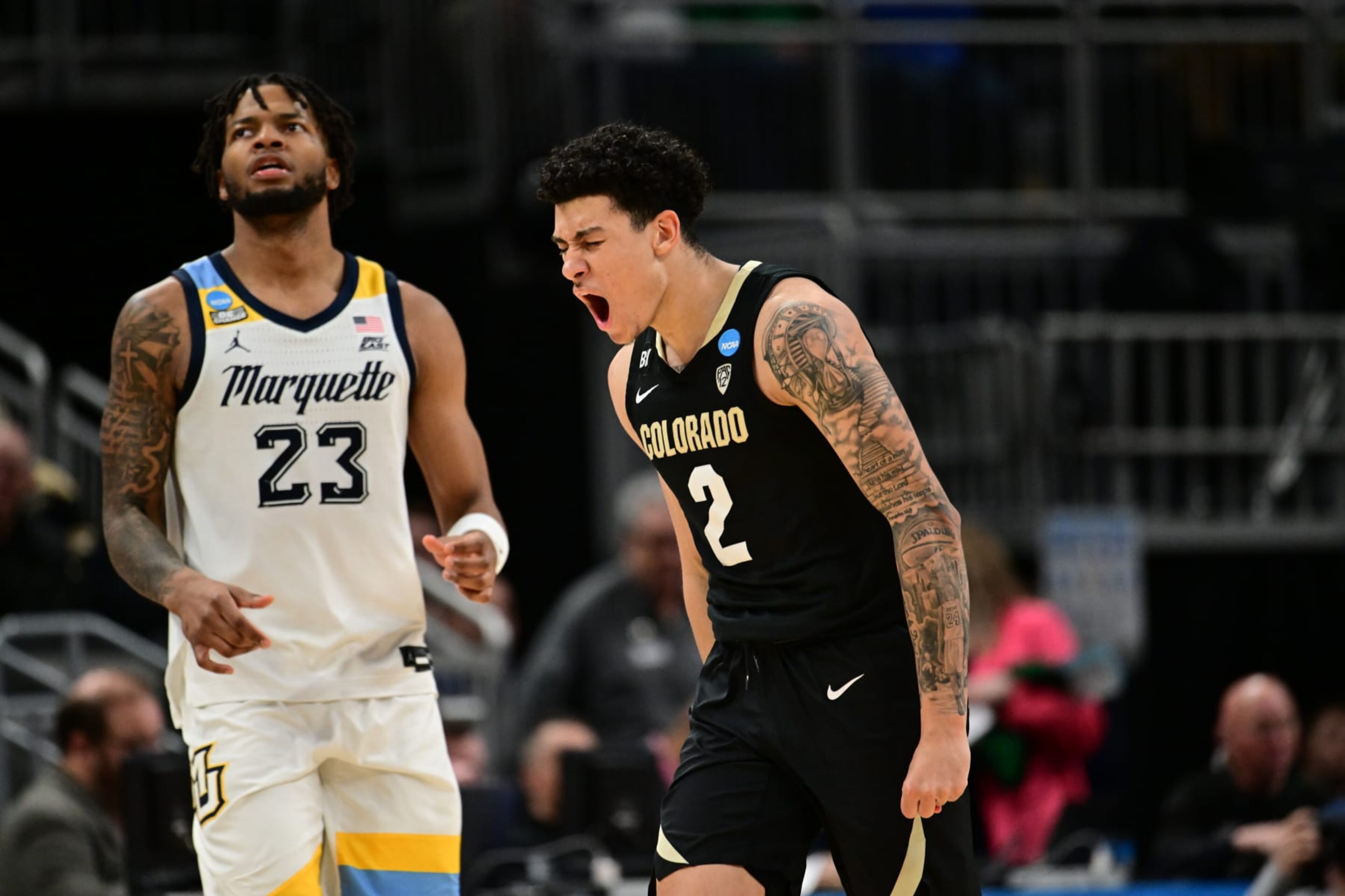 INDIANAPOLIS, INDIANA - MARCH 24: KJ Simpson #2 of the Colorado Buffaloes reacts to a play against the Marquette Golden Eagles during the second round of the 2024 NCAA Men's Basketball Tournament held at Gainbridge Fieldhouse on March 24, 2024 in Indianapolis, Indiana. (Photo by Ben Solomon/NCAA Photos via Getty Images)