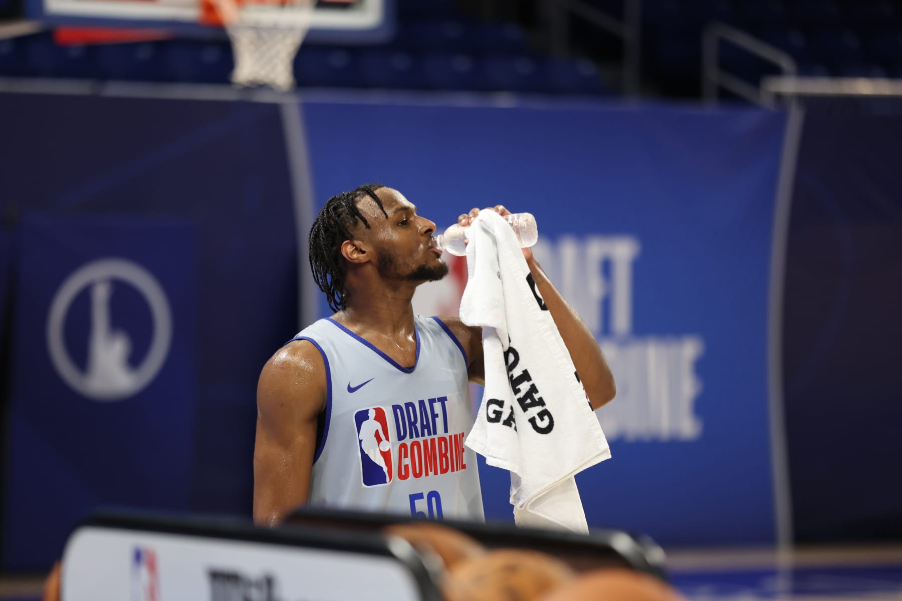 CHICAGO, IL - MAY 13: Bronny James drinks during the 2024 NBA Combine on May 13, 2024 at Wintrust Arena in Chicago, Illinois. NOTE TO USER: User expressly acknowledges and agrees that, by downloading and or using this photograph, User is consenting to the terms and conditions of the Getty Images License Agreement. Mandatory Copyright Notice: Copyright 2024 NBAE (Photo by Jeff Haynes/NBAE via Getty Images)