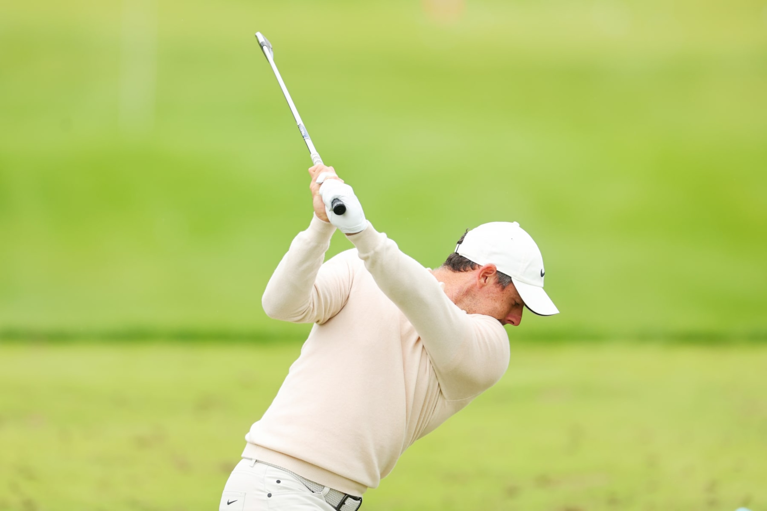 LOUISVILLE, KENTUCKY - MAY 14: Rory McIlroy of Northern Ireland plays a shot from the driving range during a practice round prior to the 2024 PGA Championship at Valhalla Golf Club on May 14, 2024 in Louisville, Kentucky. (Photo by Michael Reaves/Getty Images)