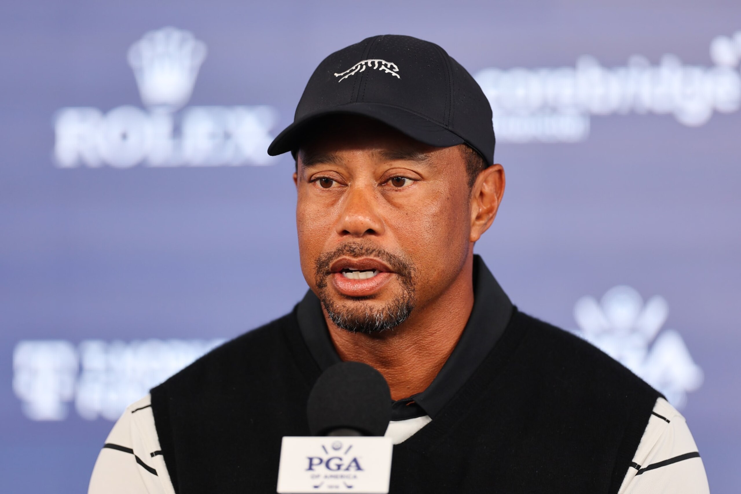 LOUISVILLE, KENTUCKY - MAY 14: Tiger Woods of the United States speaks to the media during press conference during a practice round prior to the 2024 PGA Championship at Valhalla Golf Club on May 14, 2024 in Louisville, Kentucky. (Photo by Michael Reaves/Getty Images) LOUISVILLE, KENTUCKY - MAY 14: Tiger Woods of the United States speaks to the media during press conference during a practice round prior to the 2024 PGA Championship at Valhalla Golf Club on May 14, 2024 in Louisville, Kentucky. (Photo by Michael Reaves/Getty Images)