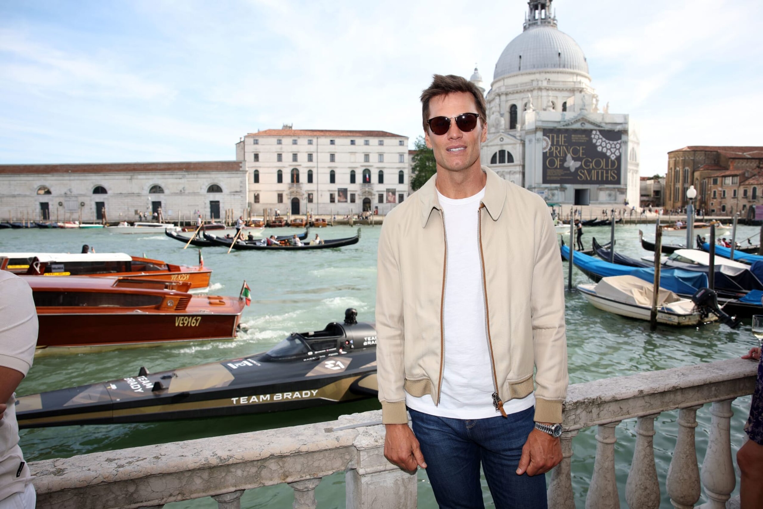 VENICE, ITALY - MAY 10: Tom Brady poses at the E1 Venice GP 2024 on May 10, 2024 in Venice, Italy. (Photo by Daniele Venturelli/Daniele Venturelli/Getty Images)