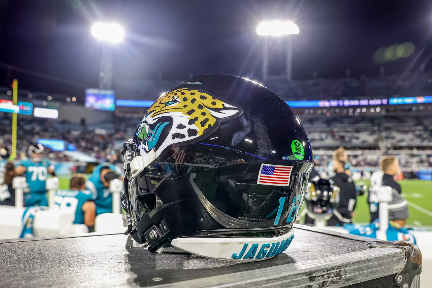 JACKSONVILLE, FLORIDA - DECEMBER 17: Helmet of Trevor Lawrence #16 of the Jacksonville Jaguars during the game against the Baltimore Ravens at EverBank Field on December 17, 2023 in Jacksonville, Florida. (Photo by Mike Carlson/Getty Images)