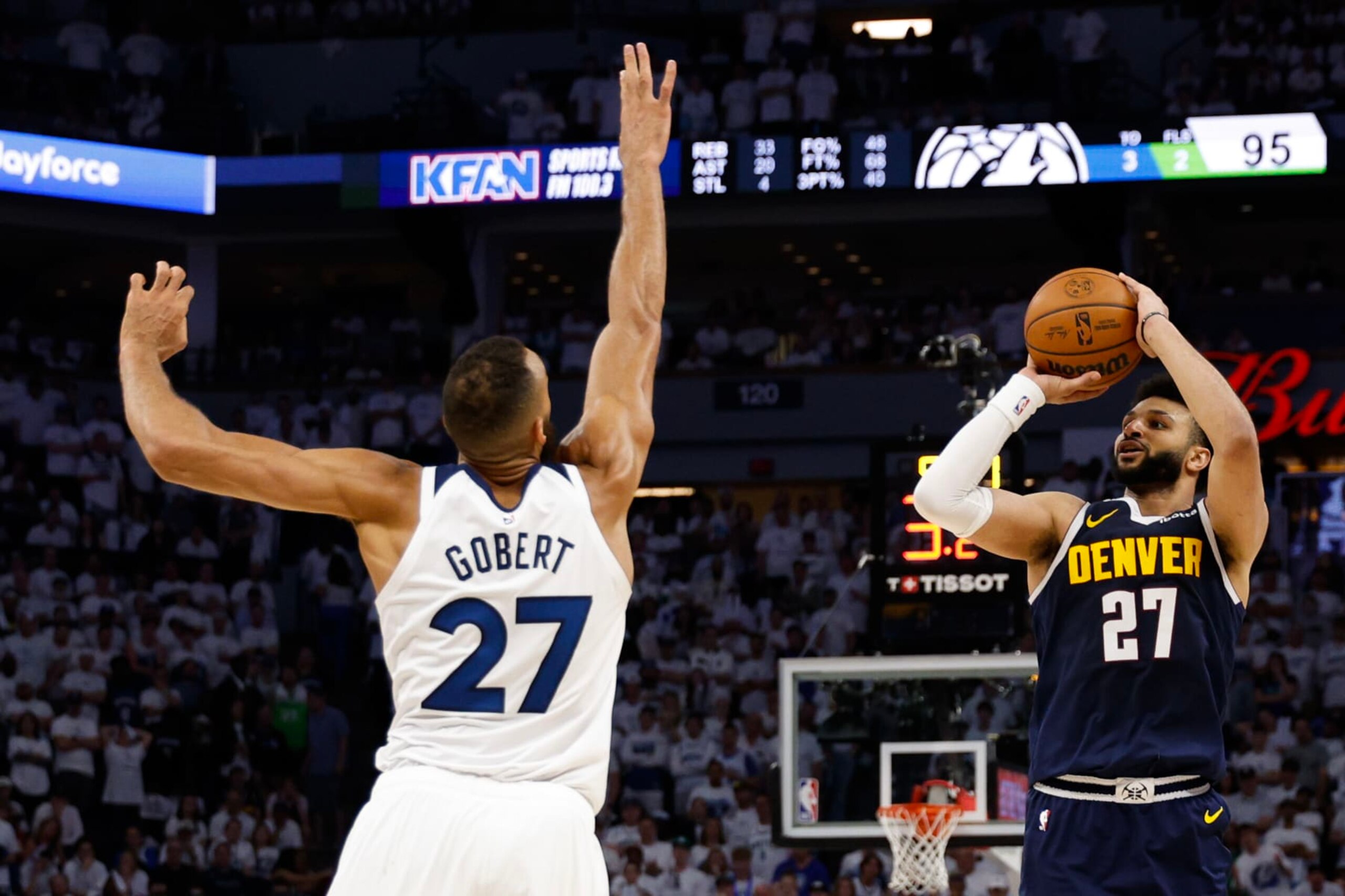 MINNEAPOLIS, MINNESOTA - MAY 12: Jamal Murray #27 of the Denver Nuggets takes a shot over Rudy Gobert #27 of the Minnesota Timberwolves during the fourth quarter in Game Four of the Western Conference Second Round Playoffs at Target Center on May 12, 2024 in Minneapolis, Minnesota. NOTE TO USER: User expressly acknowledges and agrees that, by downloading and or using this photograph, User is consenting to the terms and conditions of the Getty Images License Agreement. (Photo by David Berding/Getty Images) MINNEAPOLIS, MINNESOTA - MAY 12: Jamal Murray #27 of the Denver Nuggets takes a shot over Rudy Gobert #27 of the Minnesota Timberwolves during the fourth quarter in Game Four of the Western Conference Second Round Playoffs at Target Center on May 12, 2024 in Minneapolis, Minnesota. NOTE TO USER: User expressly acknowledges and agrees that, by downloading and or using this photograph, User is consenting to the terms and conditions of the Getty Images License Agreement. (Photo by David Berding/Getty Images)