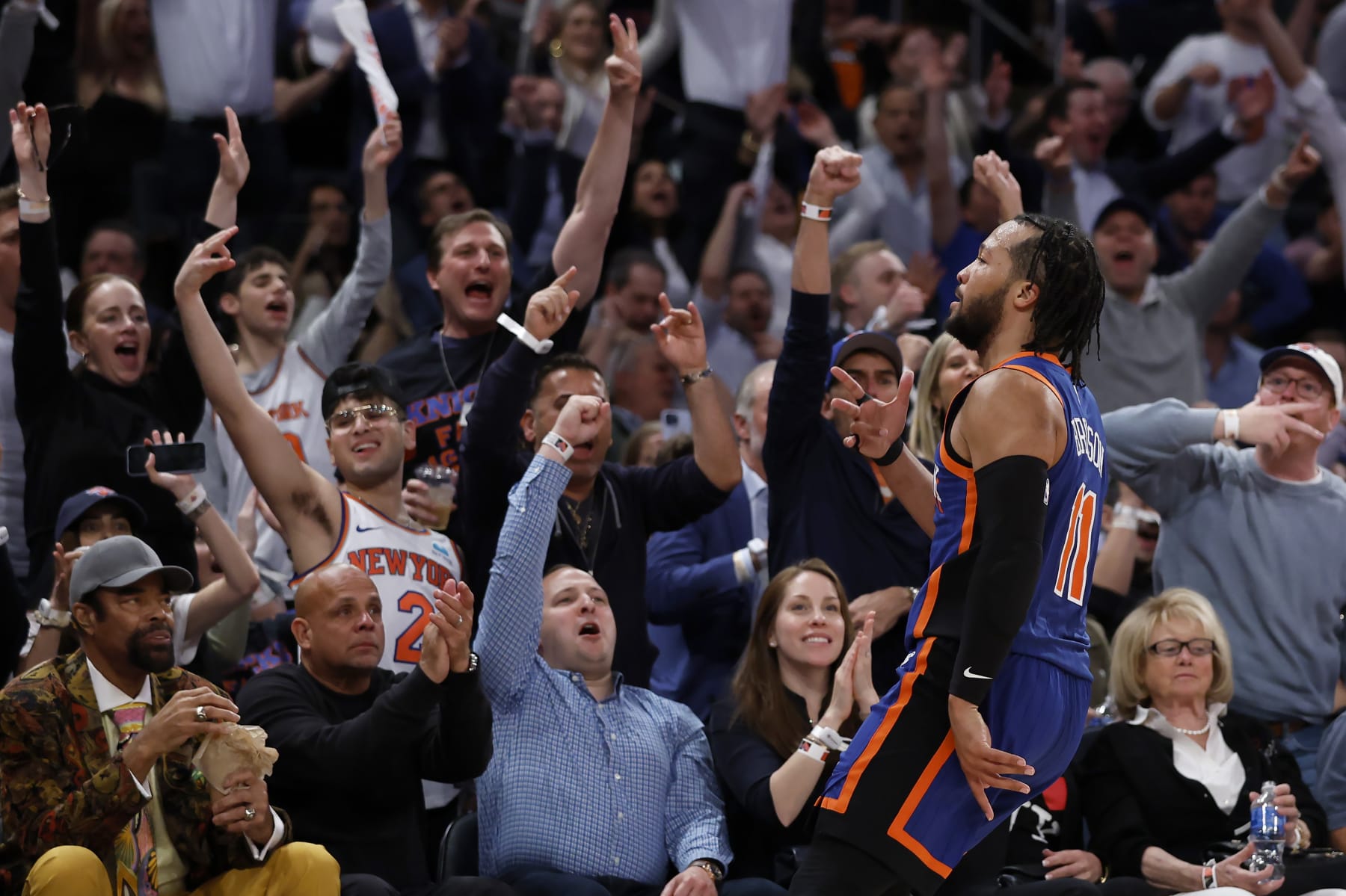 NEW YORK, NEW YORK - MAY 14: Jalen Brunson #11 of the New York Knicks reacts after a three point basket during the third quarter against the Indiana Pacers in Game Five of the Eastern Conference Second Round Playoffs at Madison Square Garden on May 14, 2024 in New York City. NOTE TO USER: User expressly acknowledges and agrees that, by downloading and or using this photograph, User is consenting to the terms and conditions of the Getty Images License Agreement. (Photo by Sarah Stier/Getty Images)