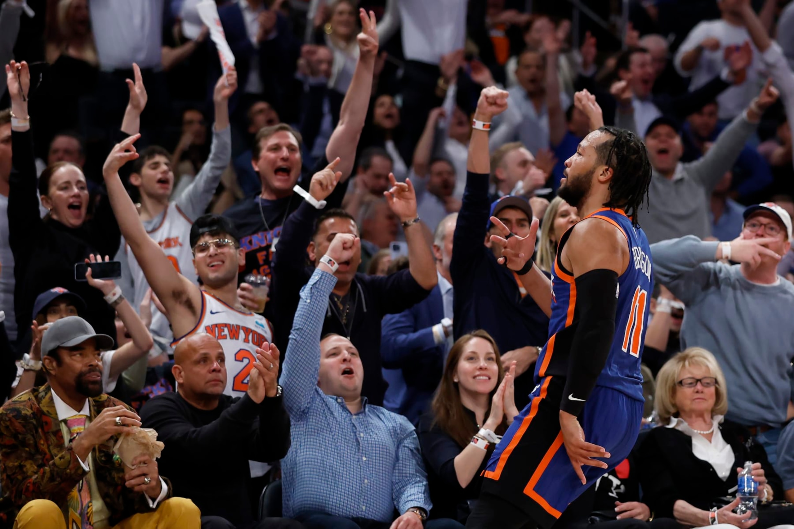 NEW YORK, NEW YORK - MAY 14: Jalen Brunson #11 of the New York Knicks reacts after a three point basket during the third quarter against the Indiana Pacers in Game Five of the Eastern Conference Second Round Playoffs at Madison Square Garden on May 14, 2024 in New York City. NOTE TO USER: User expressly acknowledges and agrees that, by downloading and or using this photograph, User is consenting to the terms and conditions of the Getty Images License Agreement. (Photo by Sarah Stier/Getty Images)