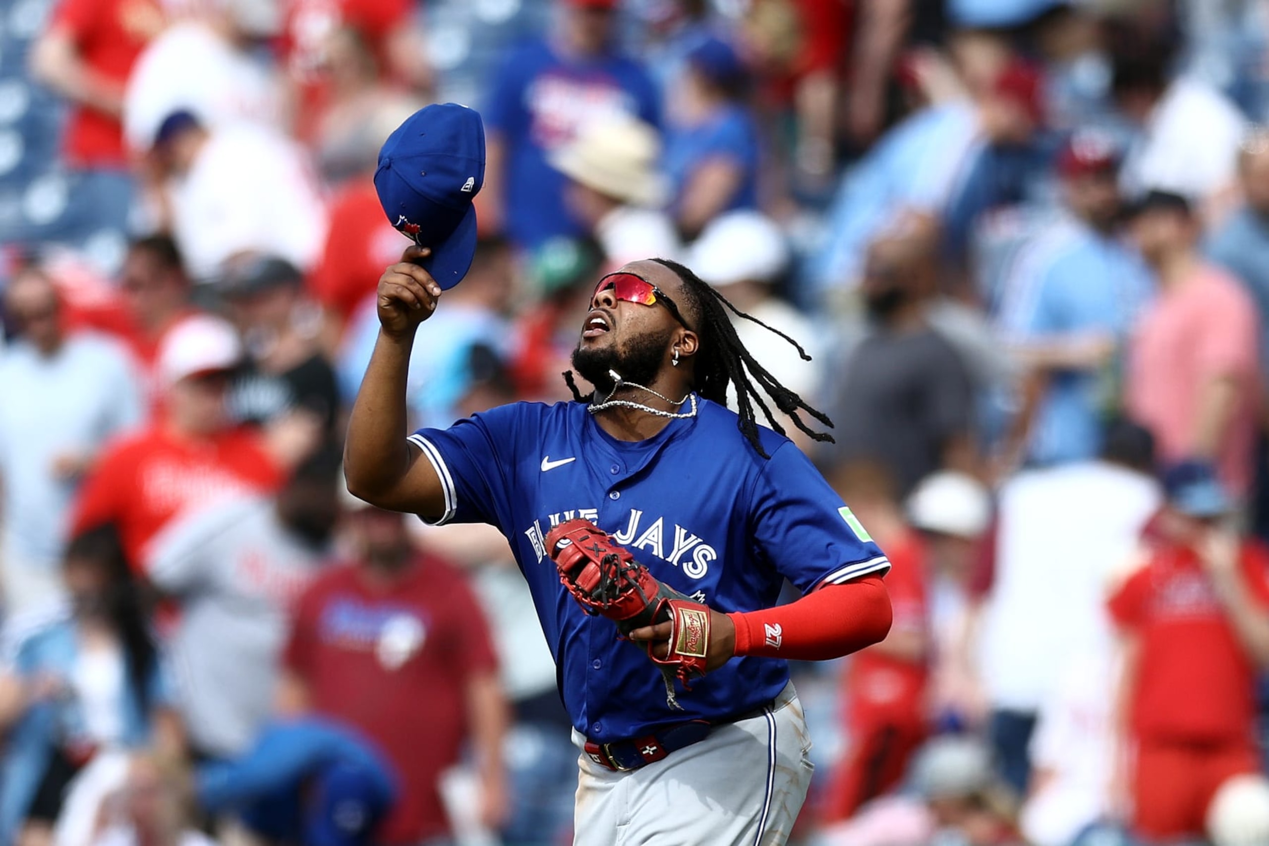 PHILADELPHIA, PENNSYLVANIA - MAY 08: Vladimir Guerrero Jr. #27 of the Toronto Blue Jays reacts after defeating the Philadelphia Phillies at Citizens Bank Park on May 08, 2024 in Philadelphia, Pennsylvania. (Photo by Tim Nwachukwu/Getty Images) PHILADELPHIA, PENNSYLVANIA - MAY 08: Vladimir Guerrero Jr. #27 of the Toronto Blue Jays reacts after defeating the Philadelphia Phillies at Citizens Bank Park on May 08, 2024 in Philadelphia, Pennsylvania. (Photo by Tim Nwachukwu/Getty Images)