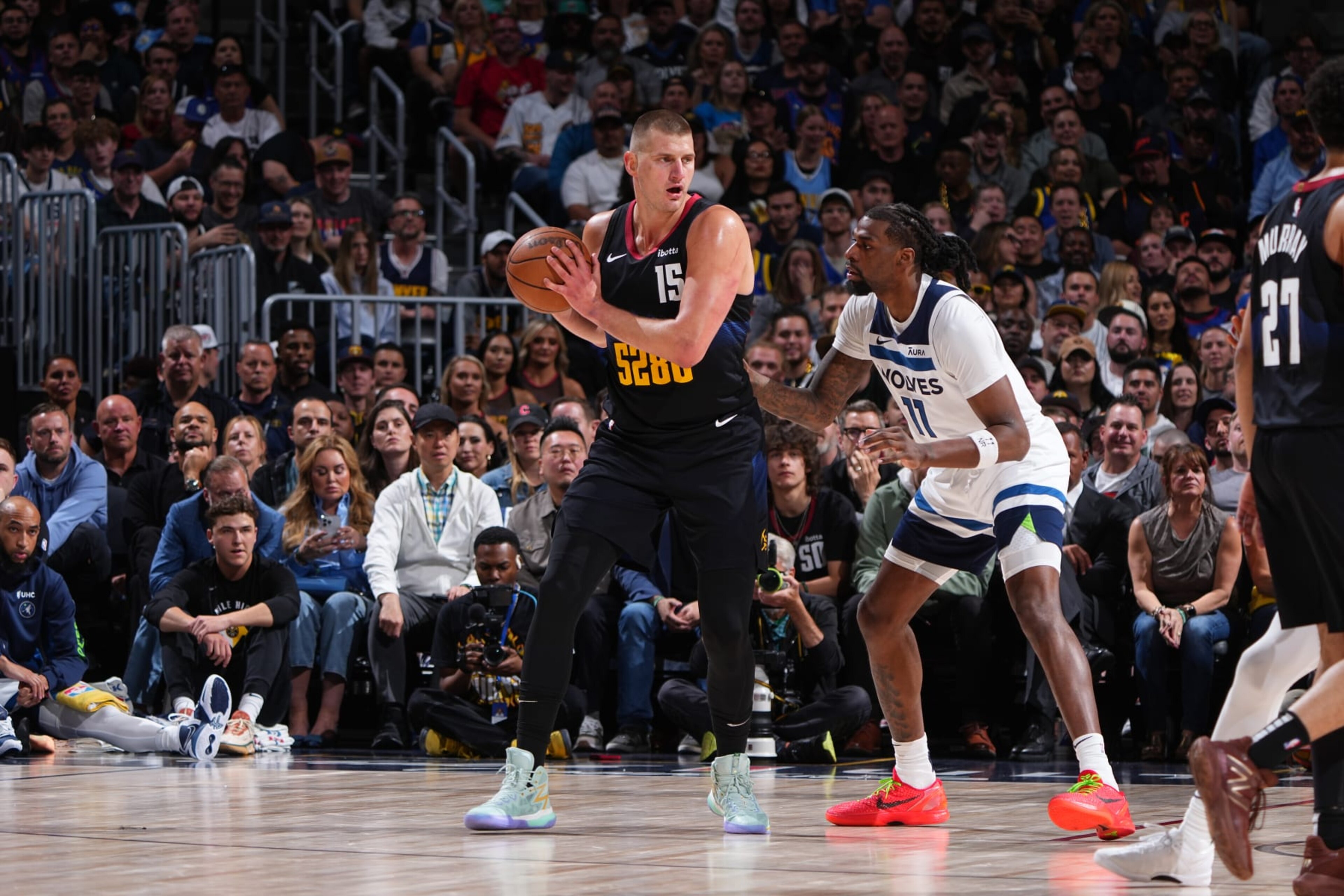 DENVER, CO - MAY 14: Nikola Jokic #15 of the Denver Nuggets handles the ball during the game against the Minnesota Timberwolves during Round 2 Game 5 of the of the 2024 NBA Playoffs on May 14, 2024 at the Ball Arena in Denver, Colorado. NOTE TO USER: User expressly acknowledges and agrees that, by downloading and/or using this Photograph, user is consenting to the terms and conditions of the Getty Images License Agreement. Mandatory Copyright Notice: Copyright 2024 NBAE (Photo by Garrett Ellwood/NBAE via Getty Images) DENVER, CO - MAY 14: Nikola Jokic #15 of the Denver Nuggets handles the ball during the game against the Minnesota Timberwolves during Round 2 Game 5 of the of the 2024 NBA Playoffs on May 14, 2024 at the Ball Arena in Denver, Colorado. NOTE TO USER: User expressly acknowledges and agrees that, by downloading and/or using this Photograph, user is consenting to the terms and conditions of the Getty Images License Agreement. Mandatory Copyright Notice: Copyright 2024 NBAE (Photo by Garrett Ellwood/NBAE via Getty Images)