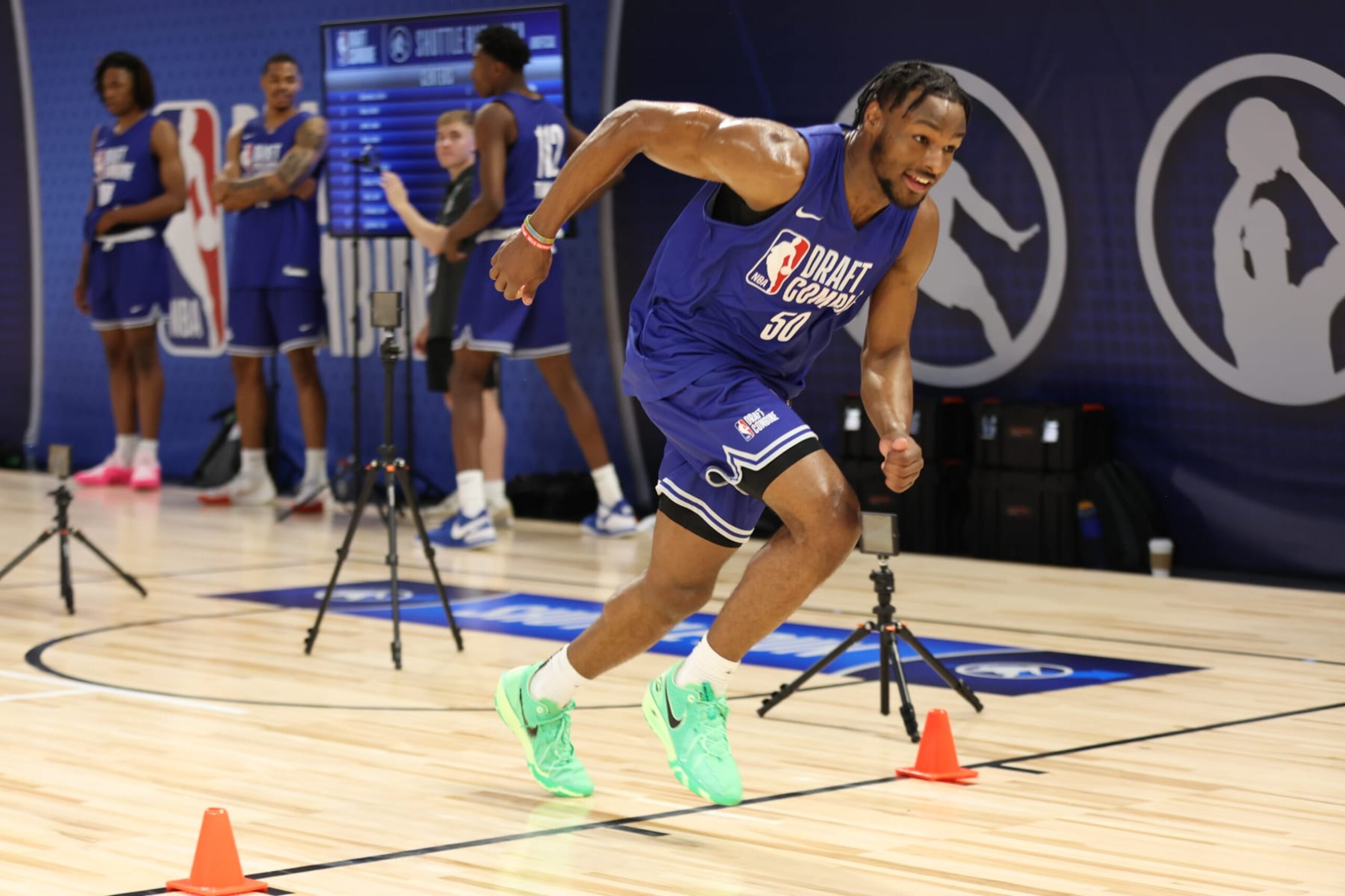 CHICAGO, IL - MAY 13: Bronny James does the agility drill during the 2024 NBA Combine on May 13, 2024 at Wintrust Arena in Chicago, Illinois. NOTE TO USER: User expressly acknowledges and agrees that, by downloading and or using this photograph, User is consenting to the terms and conditions of the Getty Images License Agreement. Mandatory Copyright Notice: Copyright 2024 NBAE (Photo by Jeff Haynes/NBAE via Getty Images)