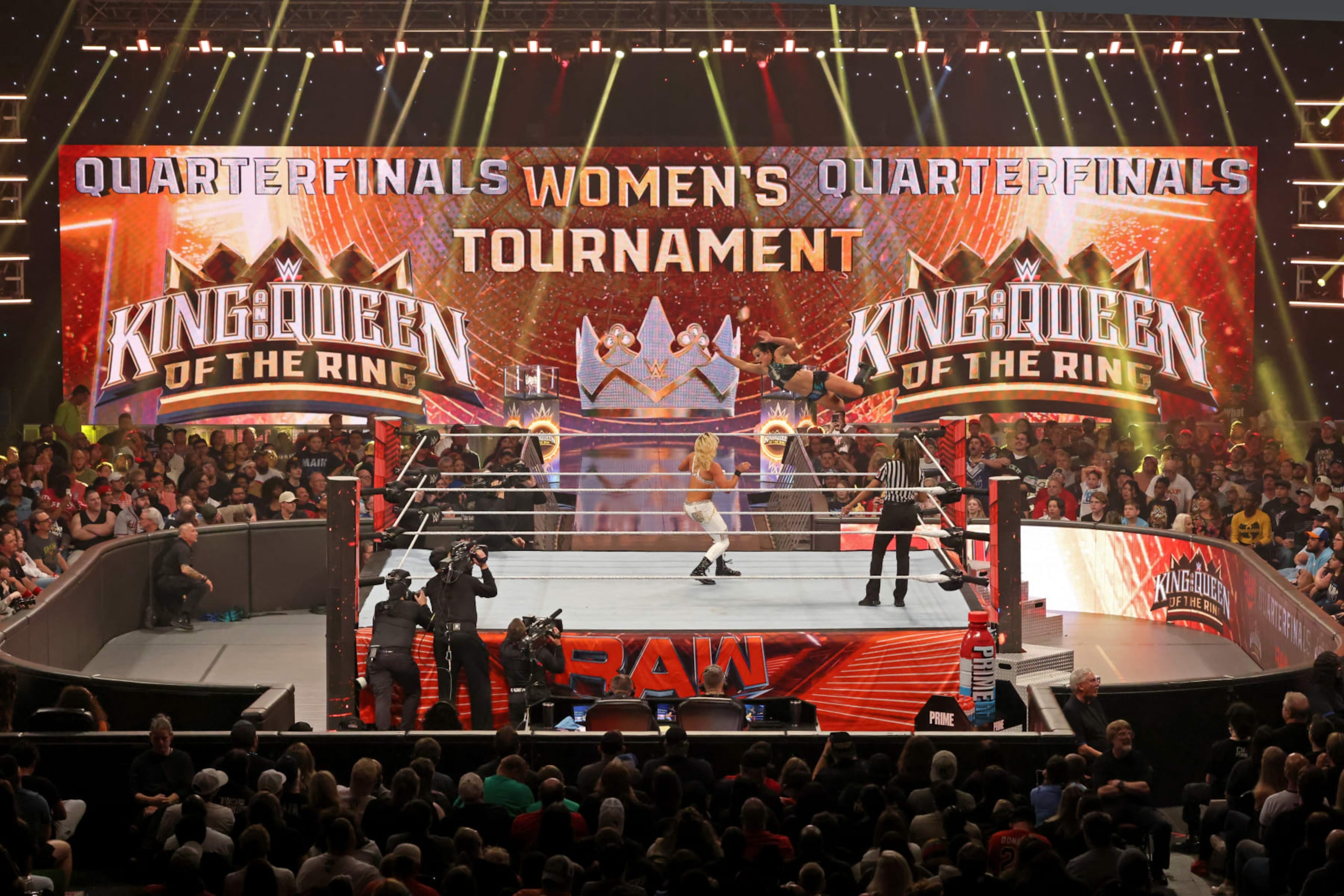 GREENVILLE, SOUTH CAROLINA - MAY 13: Lyra Valkyria goes off the top rope against Zoey Stark during an episode of Monday Night RAW at Bon Secours Wellness Arena on May 13, 2024 in Greenville, South Carolina.  (Photo by WWE/Getty Images)