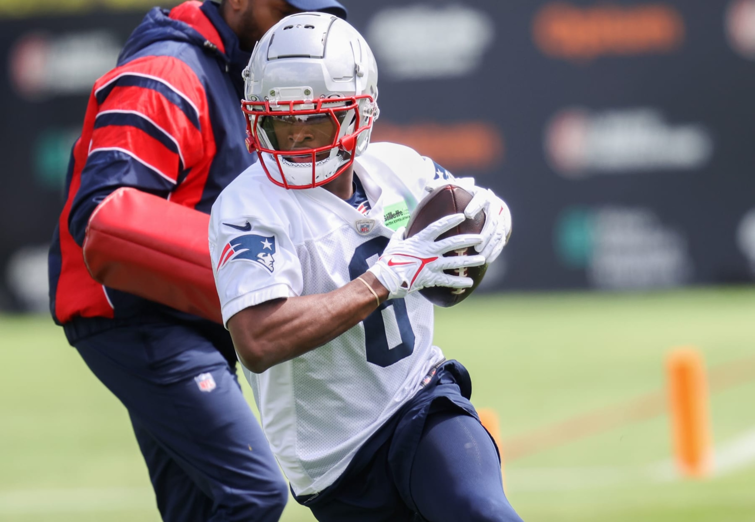 Foxborough, MA - May 11: New England Patriots WR Javon Baker at team's 2024 Rookie Mini-Camp. (Photo by Jonathan Wiggs/The Boston Globe via Getty Images)