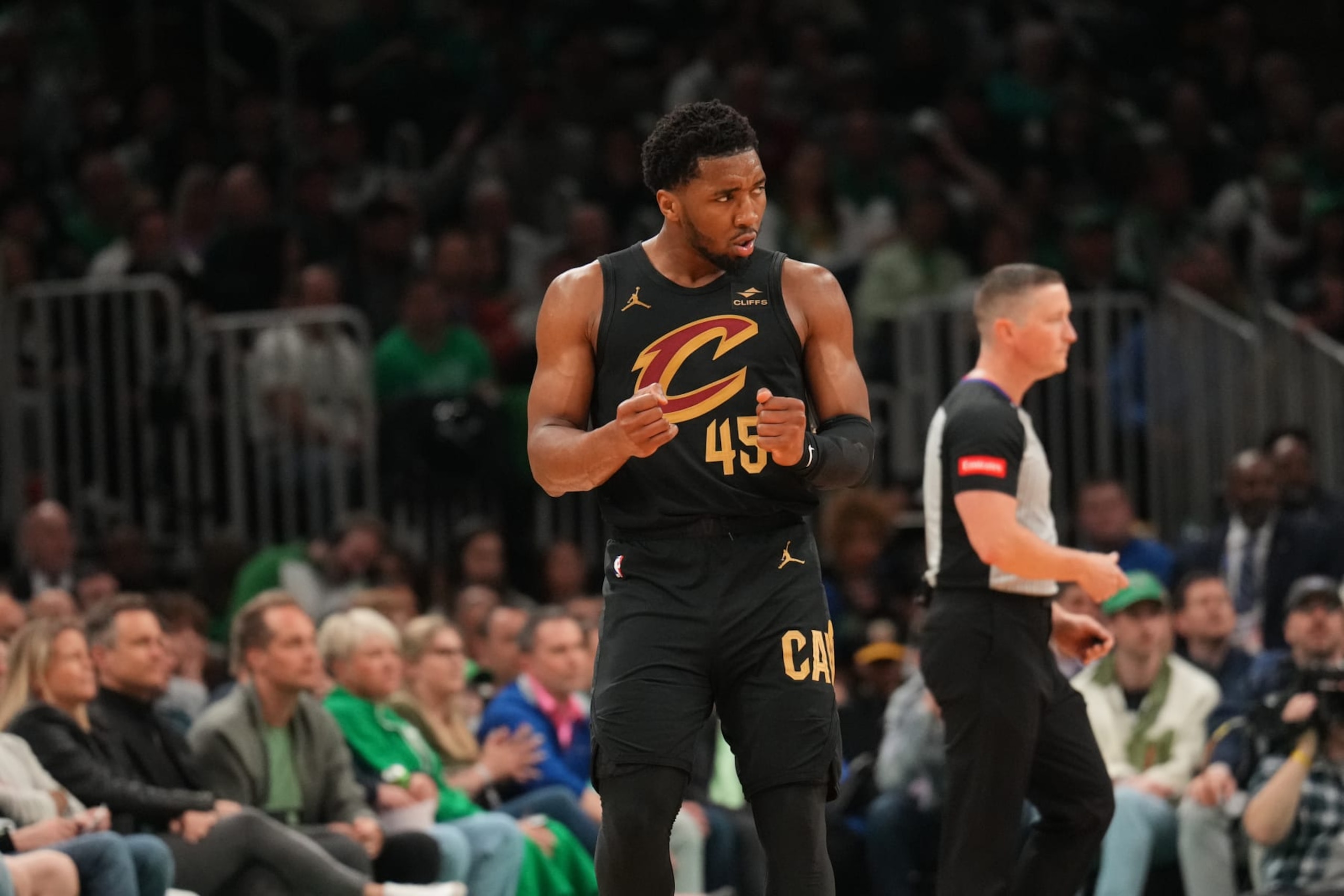 BOSTON, MA - MAY 9: Donovan Mitchell #45 of the Cleveland Cavaliers celebrates during the game against the Boston Celtics during Round 2 Game 2 of the 2024 NBA Playoffs on May 9, 2024 at the TD Garden in Boston, Massachusetts. NOTE TO USER: User expressly acknowledges and agrees that, by downloading and or using this photograph, User is consenting to the terms and conditions of the Getty Images License Agreement. Mandatory Copyright Notice: Copyright 2024 NBAE  (Photo by Jesse D. Garrabrant/NBAE via Getty Images)