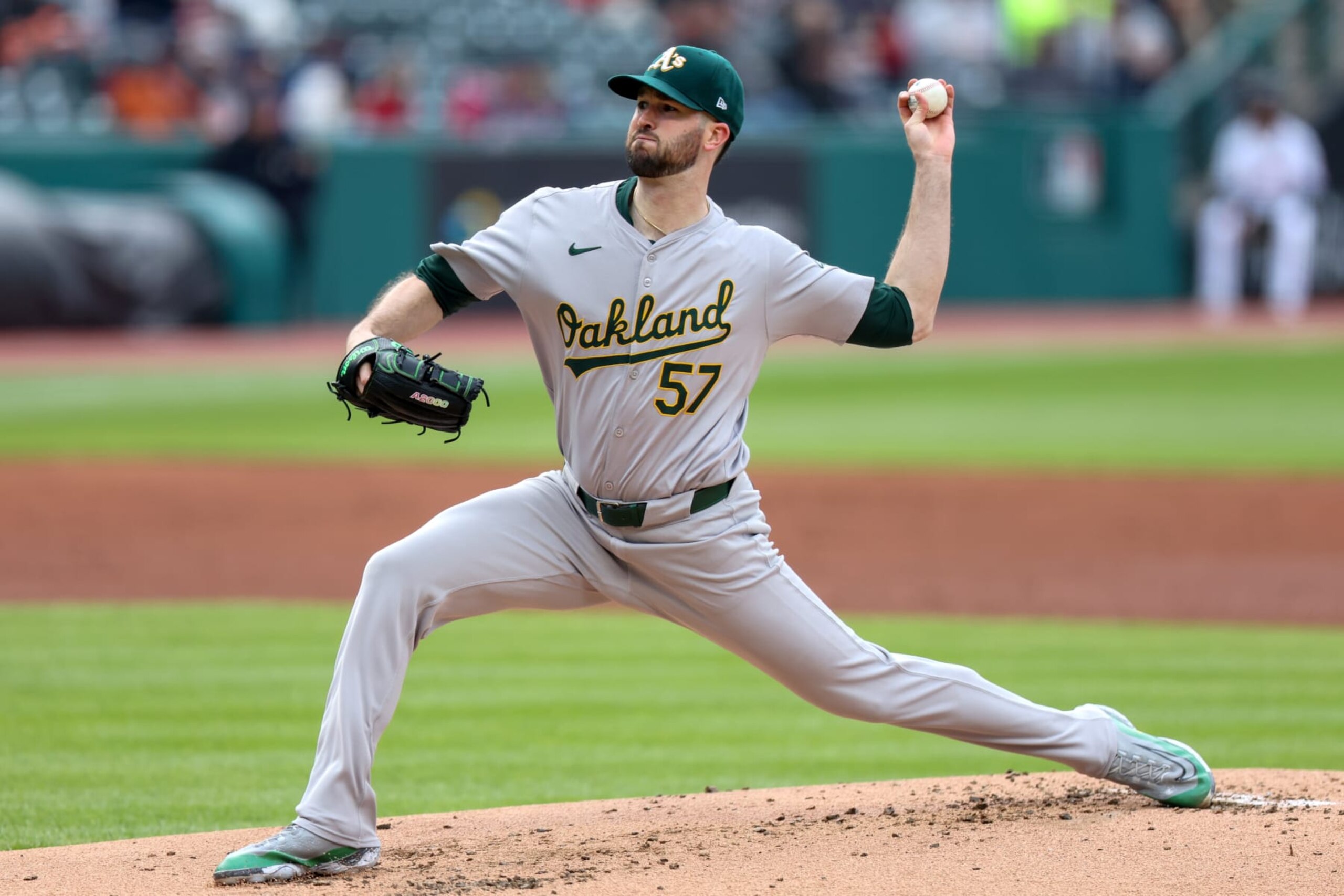 CLEVELAND, OH - APRIL 20: Oakland Athletics starting pitcher Alex Wood (57) delivers a pitch to the plate during the first inning of the Major League Baseball game between the Oakland Athletics and Cleveland Guardians on April 20, 2024, at Progressive Field in Cleveland, OH. (Photo by Frank Jansky/Icon Sportswire via Getty Images)