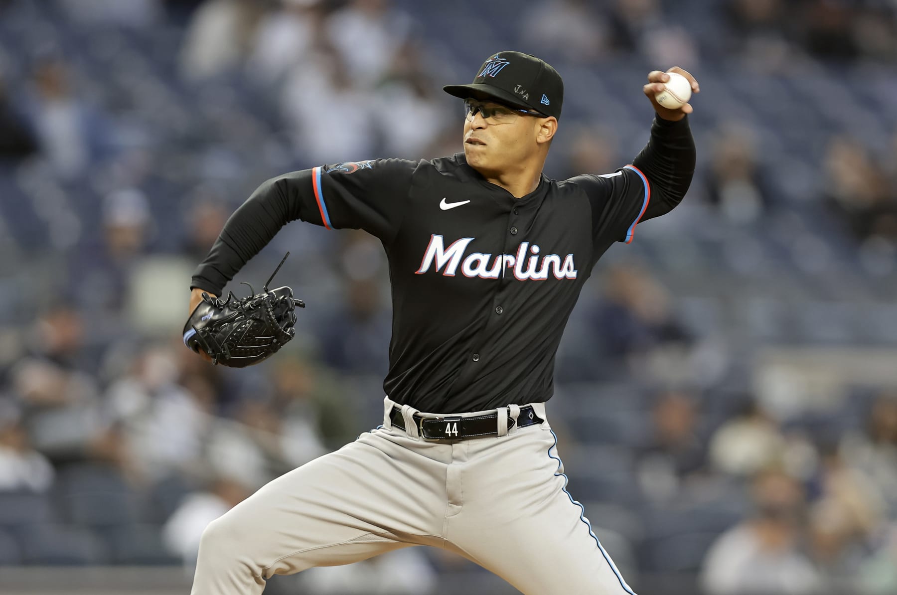 NEW YORK, NEW YORK - APRIL 08: (NEW YORK DAILIES OUT)  Jesus Luzardo #44 of the Miami Marlins in action against the New York Yankees at Yankee Stadium on April 08, 2024 in New York City. The Yankees defeated the Marlins 7-0. (Photo by Jim McIsaac/Getty Images)