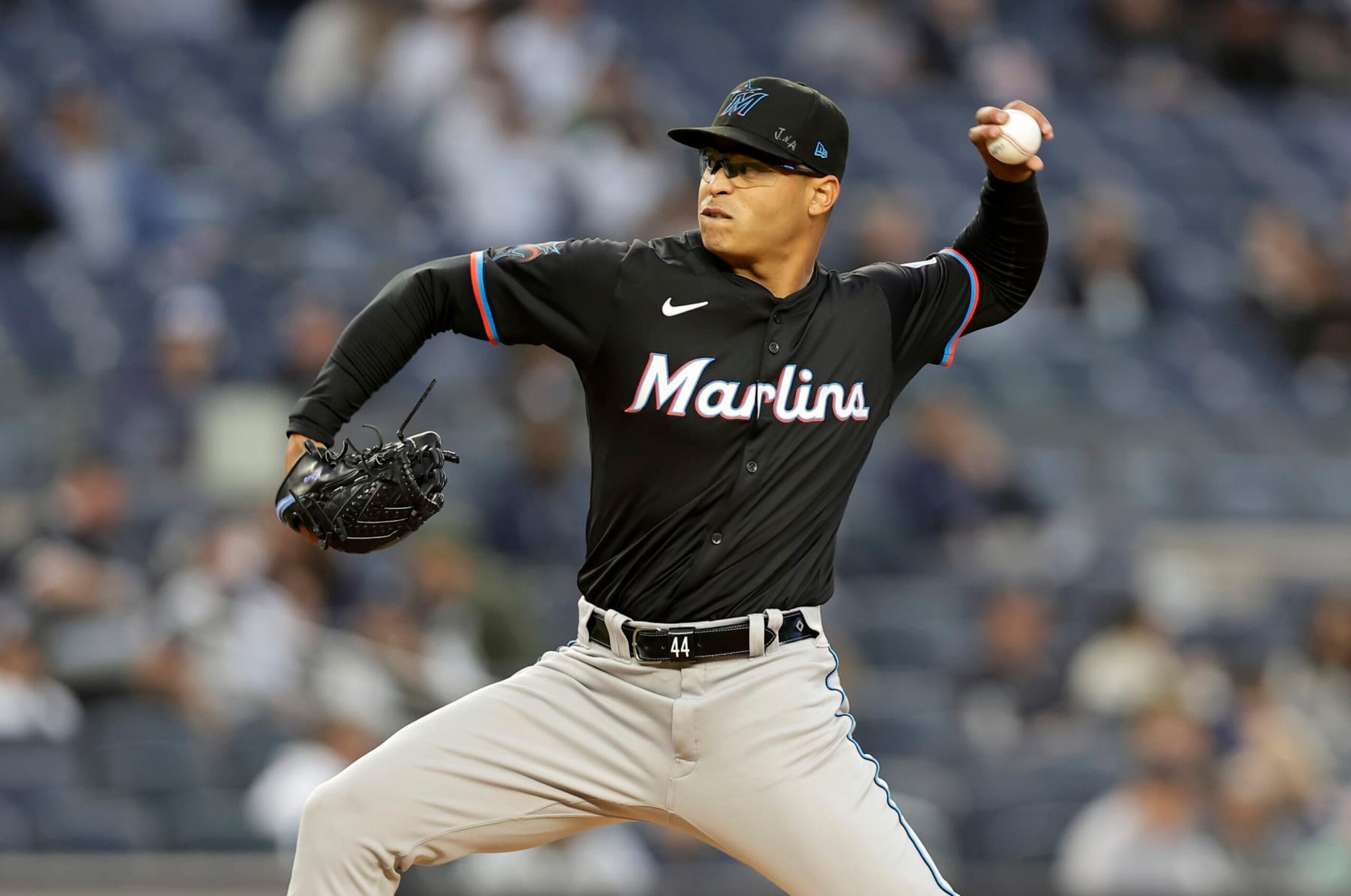 NEW YORK, NEW YORK - APRIL 08: (NEW YORK DAILIES OUT)  Jesus Luzardo #44 of the Miami Marlins in action against the New York Yankees at Yankee Stadium on April 08, 2024 in New York City. The Yankees defeated the Marlins 7-0. (Photo by Jim McIsaac/Getty Images)