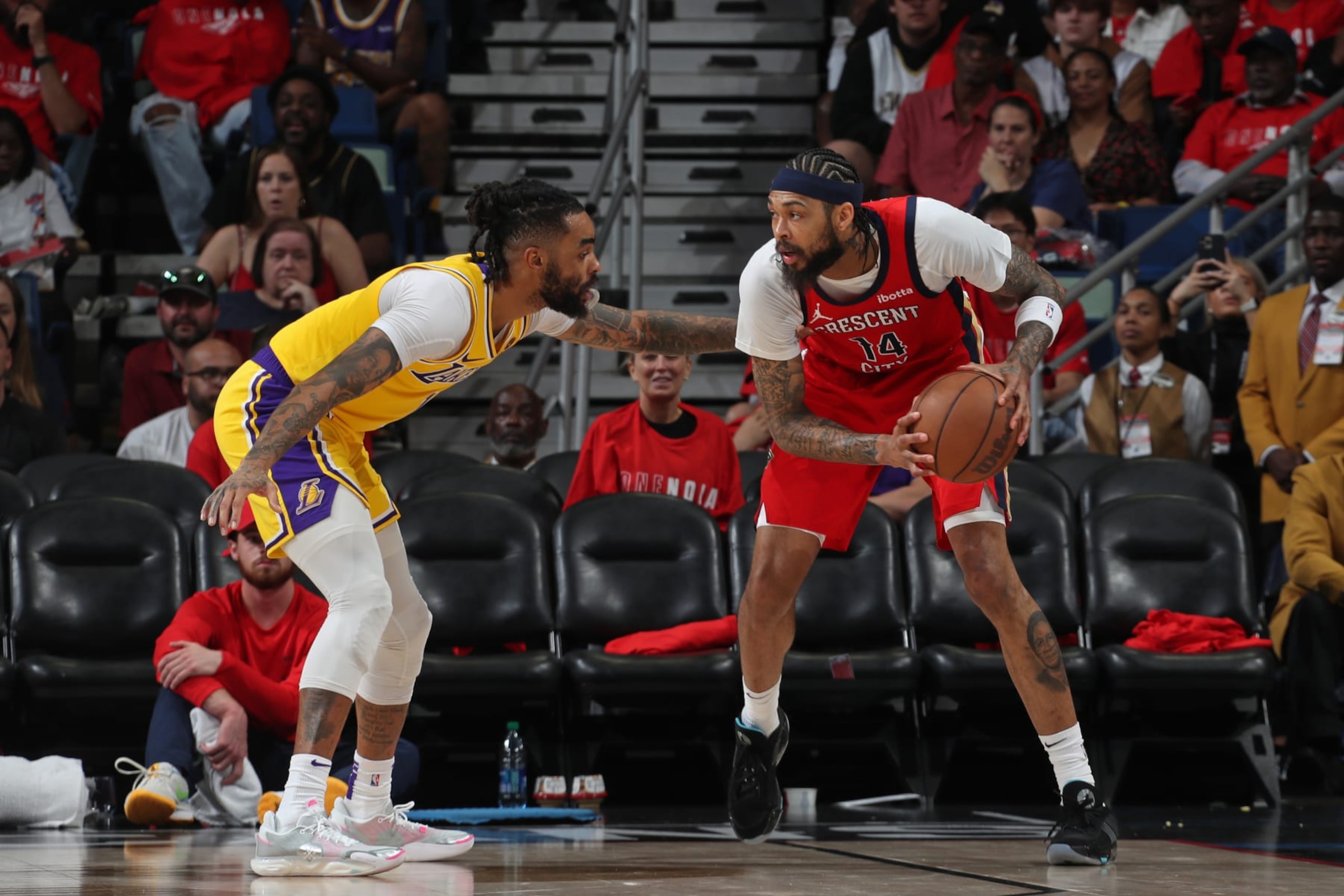 NEW ORLEANS, LA - APRIL 16: Brandon Ingram #14 of the New Orleans Pelicans looks on during the game against the Los Angeles Lakers during the 2024 SoFi Play-In Tournament on April 16, 2024 at the Smoothie King Center in New Orleans, Louisiana. NOTE TO USER: User expressly acknowledges and agrees that, by downloading and or using this Photograph, user is consenting to the terms and conditions of the Getty Images License Agreement. Mandatory Copyright Notice: Copyright 2024 NBAE (Photo by Layne Murdoch Jr./NBAE via Getty Images)