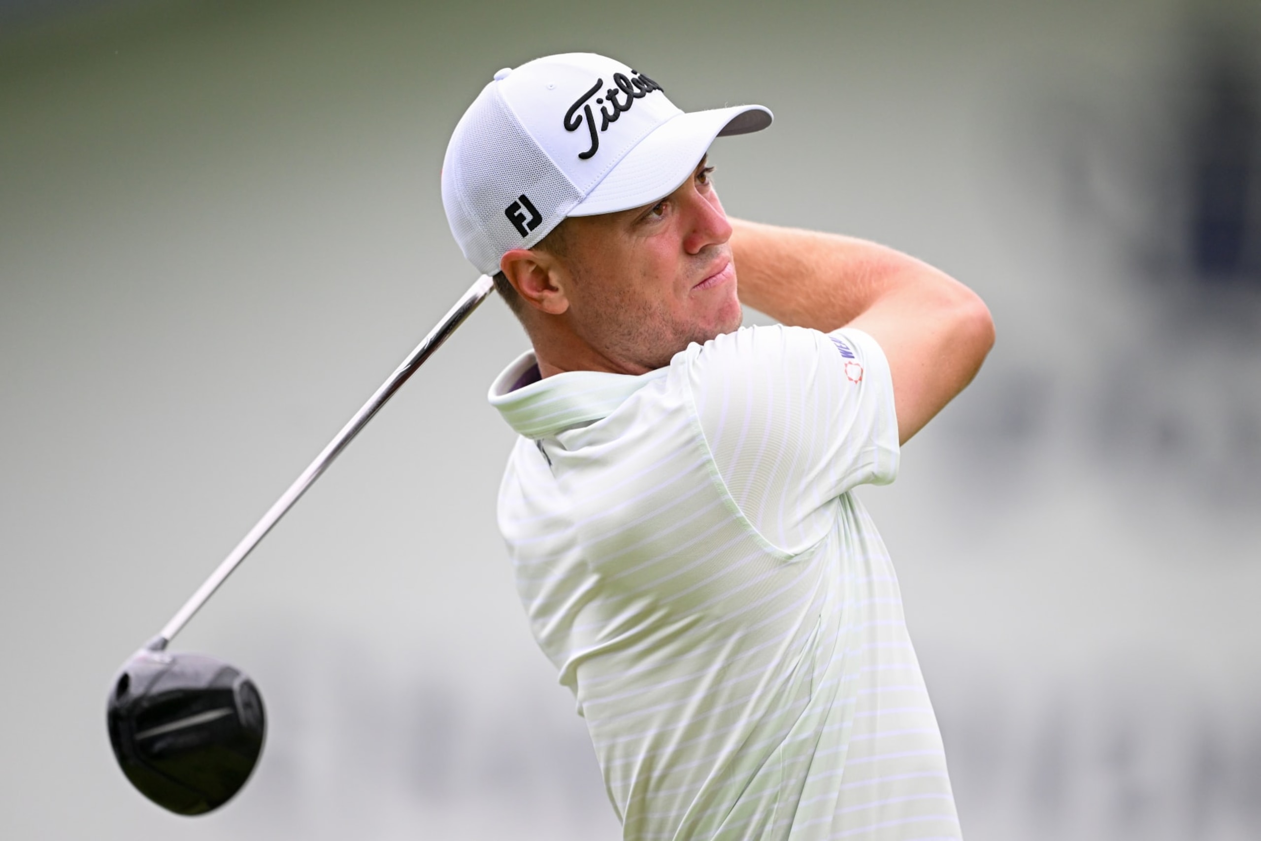 LOUISVILLE, KENTUCKY - MAY 15: Justin Thomas of the United States plays his shot from the 15th tee during a practice round prior to the 2024 PGA Championship at Valhalla Golf Club on May 15, 2024 in Louisville, Kentucky. (Photo by Ross Kinnaird/Getty Images)