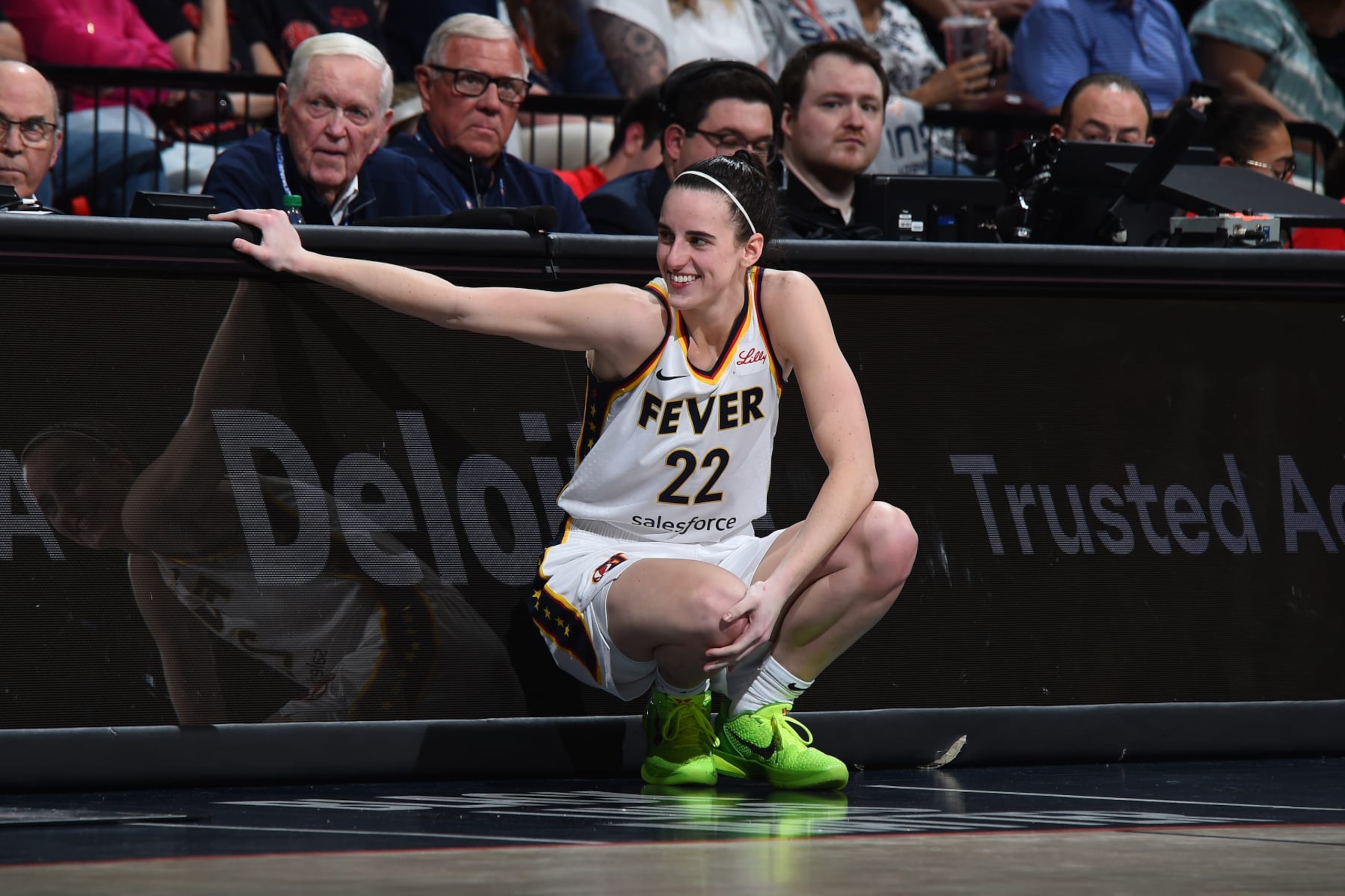 UNCASVILLE, CT - MAY 14: Caitlin Clark #22 of the Indiana Fever smiles during the game against the Connecticut Sun on May 14, 2024 at the Mohegan Sun Arena in Uncasville, Connecticut. NOTE TO USER: User expressly acknowledges and agrees that, by downloading and or using this photograph, User is consenting to the terms and conditions of the Getty Images License Agreement. Mandatory Copyright Notice: Copyright 2024 NBAE (Photo by Brian Babineau/NBAE via Getty Images)