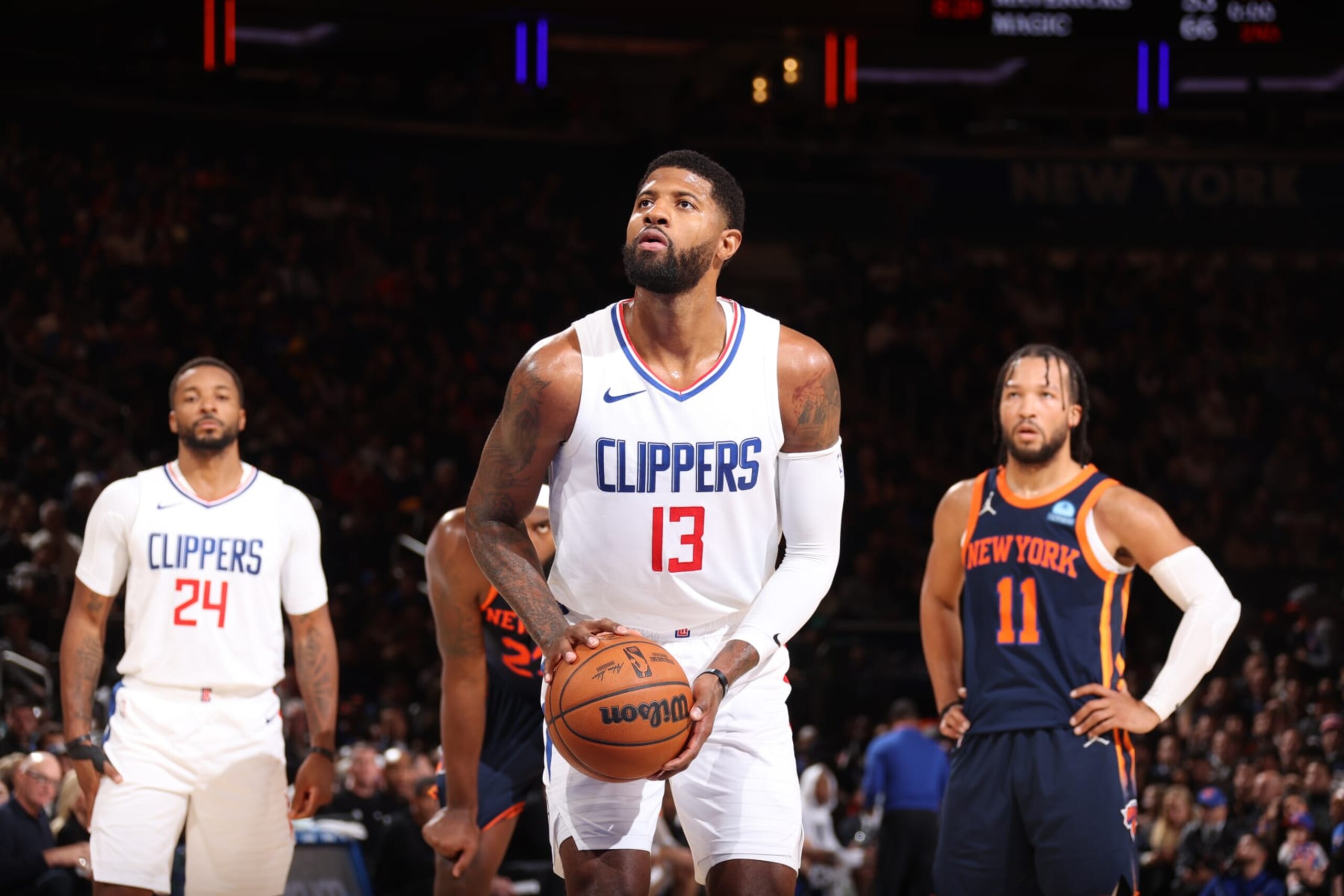NEW YORK, NY - NOVEMBER 6: Paul George #13 of the LA Clippers shoots a free throw during the game against the New York Knicks on November 6, 2023 at Madison Square Garden in New York, NY. NOTE TO USER: User expressly acknowledges and agrees that, by downloading and or using this Photograph, user is consenting to the terms and conditions of the Getty Images License Agreement. Mandatory Copyright Notice: Copyright 2023 NBAE (Photo by Stephen Gosling/NBAE via Getty Images)