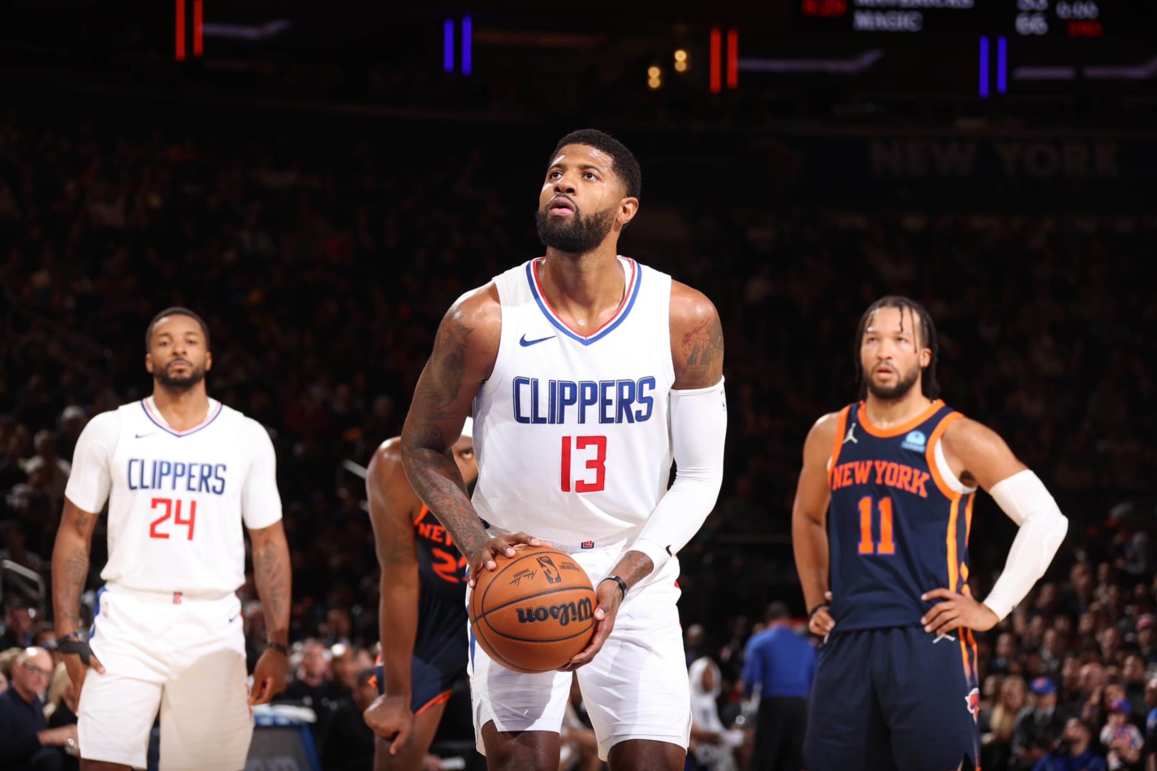 NEW YORK, NY - NOVEMBER 6: Paul George #13 of the LA Clippers shoots a free throw during the game against the New York Knicks on November 6, 2023 at Madison Square Garden in New York, NY. NOTE TO USER: User expressly acknowledges and agrees that, by downloading and or using this Photograph, user is consenting to the terms and conditions of the Getty Images License Agreement. Mandatory Copyright Notice: Copyright 2023 NBAE (Photo by Stephen Gosling/NBAE via Getty Images)