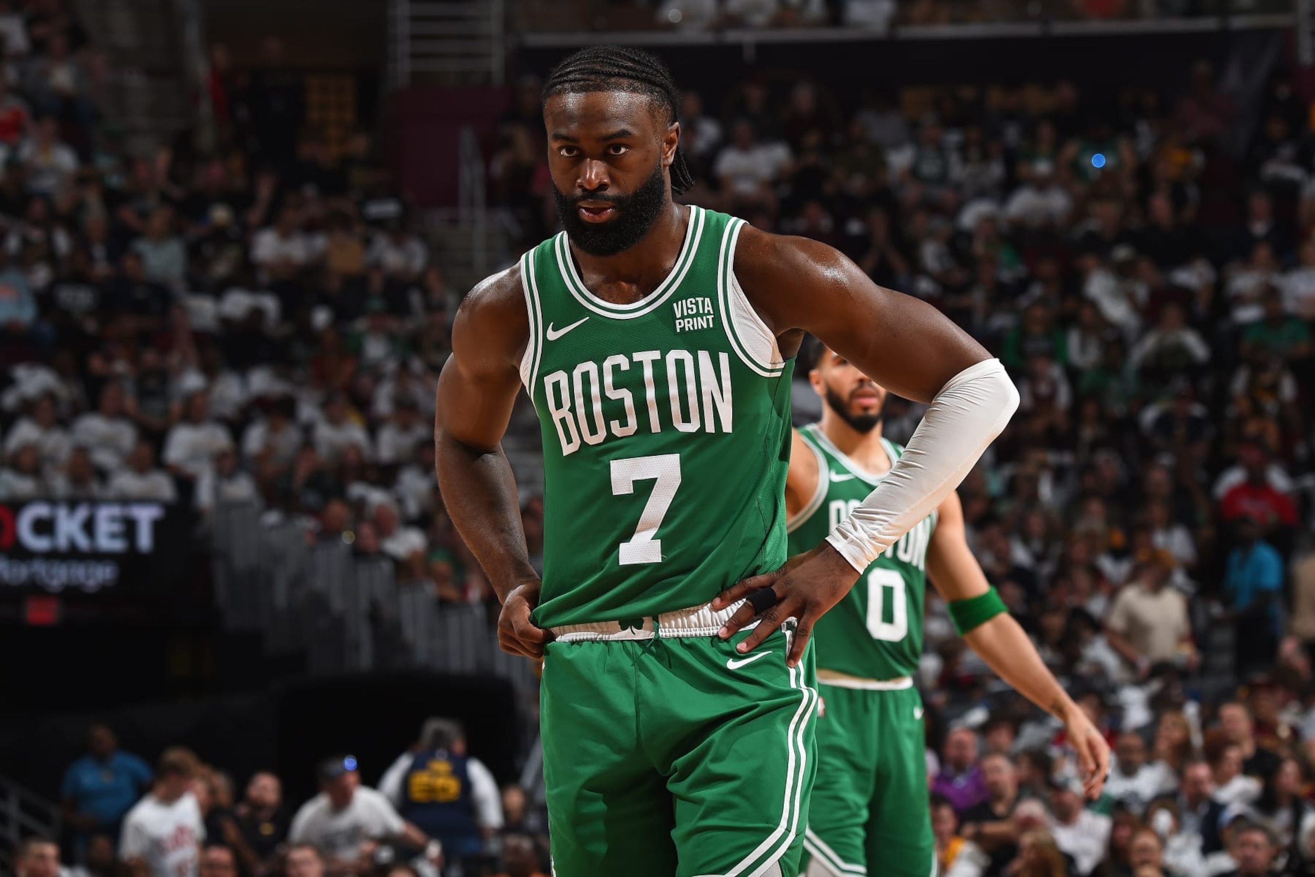 CLEVELAND, OH - MAY 13: Jaylen Brown #7 of the Boston Celtics looks on during the game against the Cleveland Cavaliers during Round 2 Game 4 of the 2024 NBA Playoffs on May 13, 2024 at Rocket Mortgage FieldHouse in Cleveland, Ohio. NOTE TO USER: User expressly acknowledges and agrees that, by downloading and/or using this Photograph, user is consenting to the terms and conditions of the Getty Images License Agreement. Mandatory Copyright Notice: Copyright 2024 NBAE (Photo by Brian Babineau/NBAE via Getty Images)