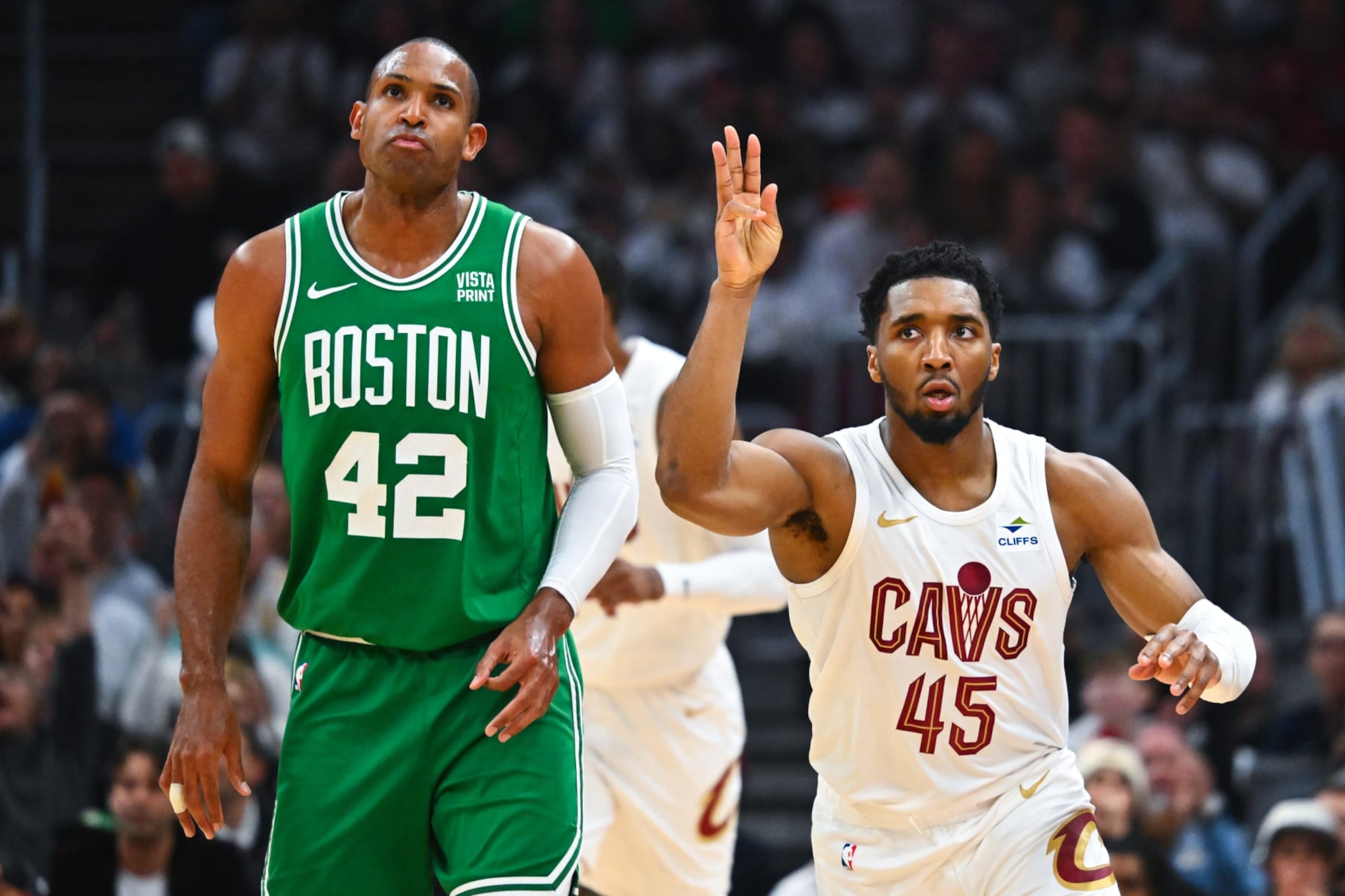 CLEVELAND, OHIO - MAY 11: Donovan Mitchell #45 of the Cleveland Cavaliers celebrates in front of Al Horford #42 of the Boston Celtics after his made three-point basket during the second quarter in Game Three of the Eastern Conference Second Round Playoffs at Rocket Mortgage Fieldhouse on May 11, 2024 in Cleveland, Ohio. NOTE TO USER: User expressly acknowledges and agrees that, by downloading and or using this photograph, User is consenting to the terms and conditions of the Getty Images License Agreement. (Photo by Jason Miller/Getty Images)
