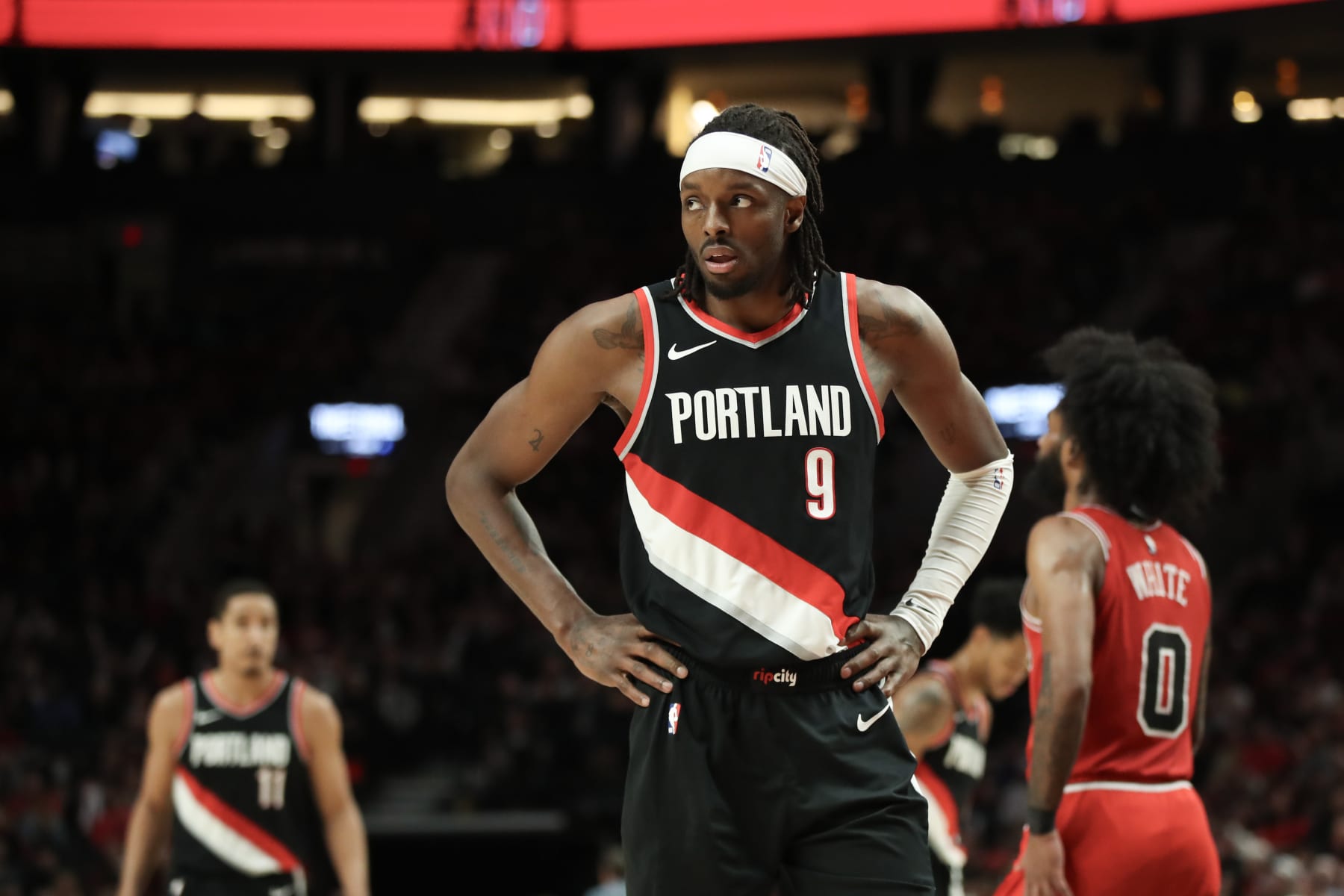 PORTLAND, OREGON - JANUARY 28: Jerami Grant #9 of the Portland Trail Blazers reacts during the fourth quarter against the Chicago Bulls at Moda Center on January 28, 2024 in Portland, Oregon. NOTE TO USER: User expressly acknowledges and agrees that, by downloading and or using this photograph, User is consenting to the terms and conditions of the Getty Images License Agreement.  (Photo by Amanda Loman/Getty Images)