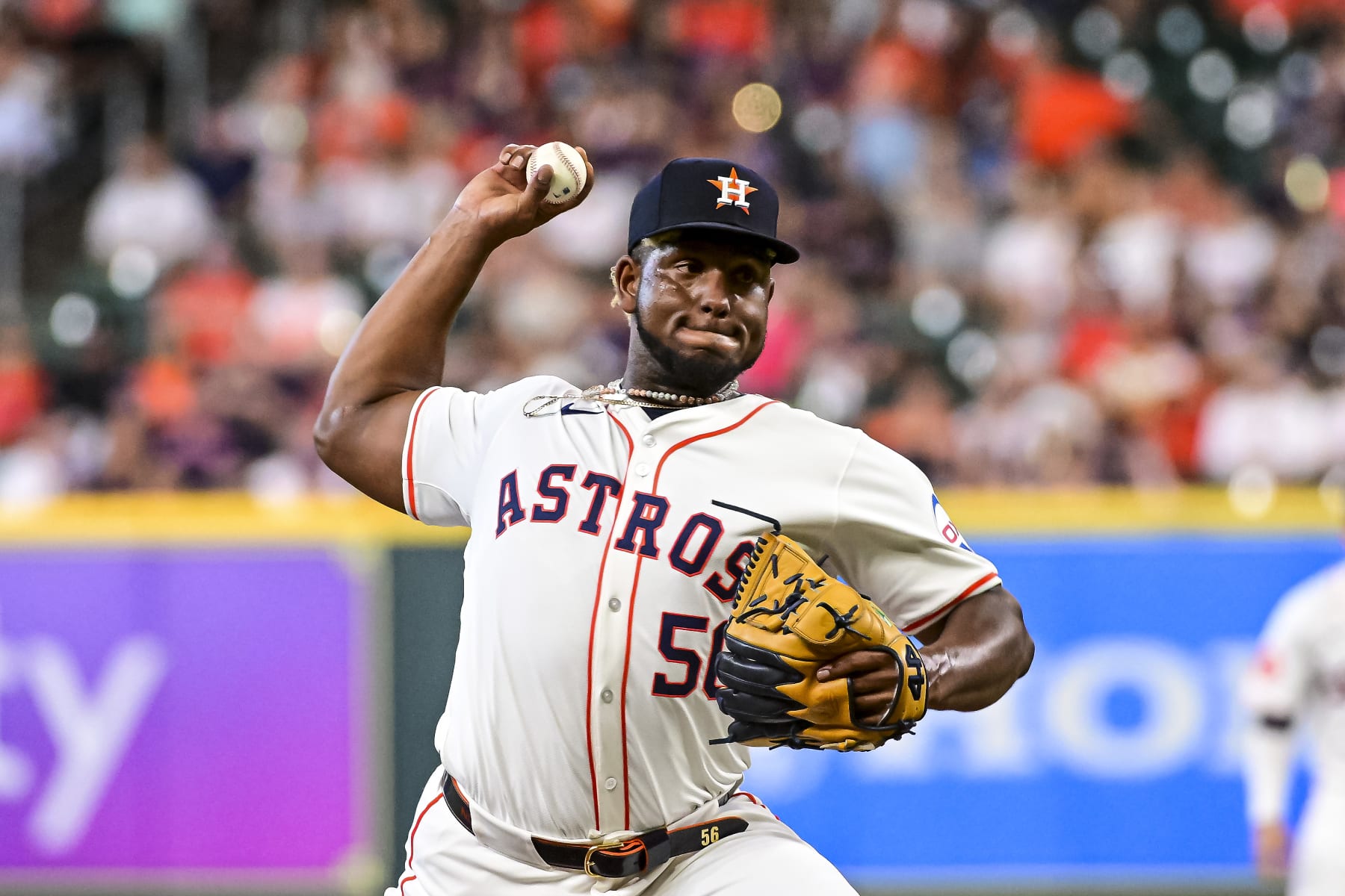 HOUSTON, TEXAS - MAY 14: Ronel Blanco #56 of the Houston Astros pitches in the first inning against the Oakland Athletics at Minute Maid Park on May 14, 2024 in Houston, Texas. (Photo by Logan Riely/Getty Images)