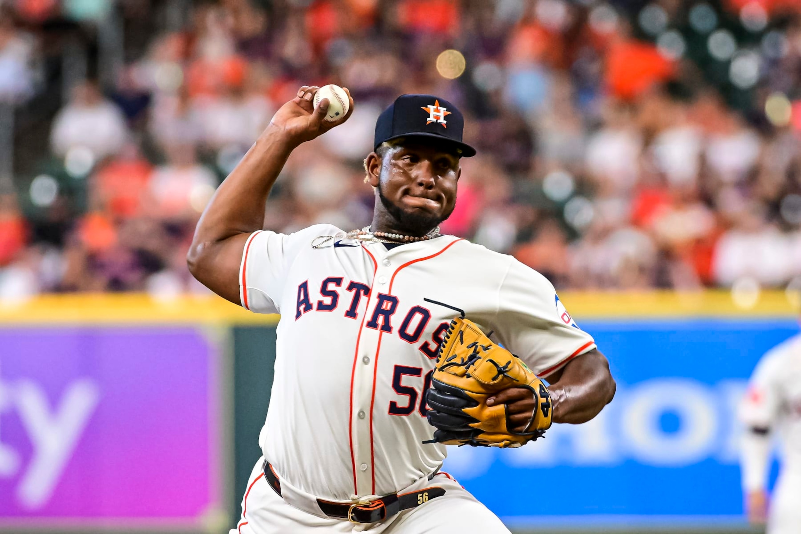 HOUSTON, TEXAS - MAY 14: Ronel Blanco #56 of the Houston Astros pitches in the first inning against the Oakland Athletics at Minute Maid Park on May 14, 2024 in Houston, Texas. (Photo by Logan Riely/Getty Images)