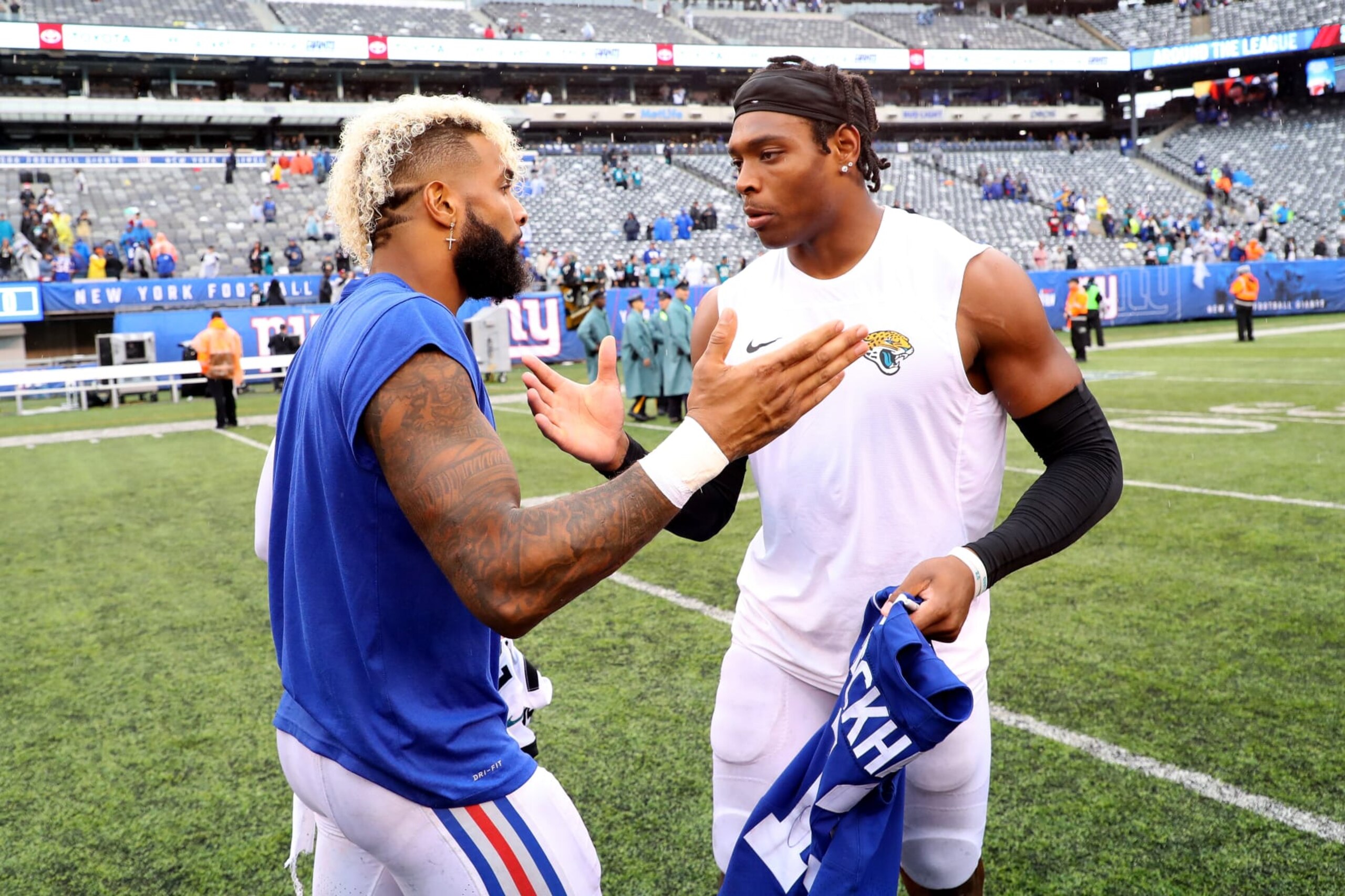 EAST RUTHERFORD, NJ - SEPTEMBER 09:  Odell Beckham Jr.#13 of the New York Giants and Jalen Ramsey #20 of the Jacksonville Jaguars exchange jerseys after their game at MetLife Stadium on September 9, 2018 in East Rutherford, New Jersey.  The Jaguars defeated the Giants 20-15.  (Photo by Mike Lawrie/Getty Images)