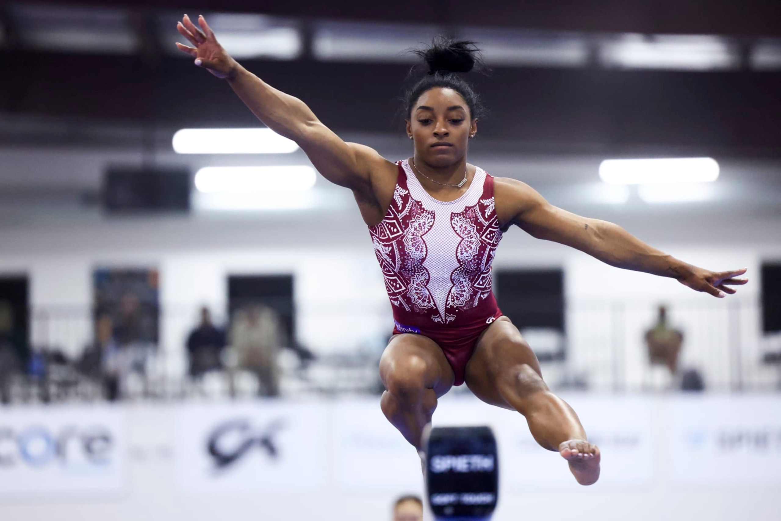 KATY, TEXAS - FEBRUARY 05: Simone Biles participates in a workout on February 05, 2024 in Katy, Texas. (Photo by Carmen Mandato/Getty Images)