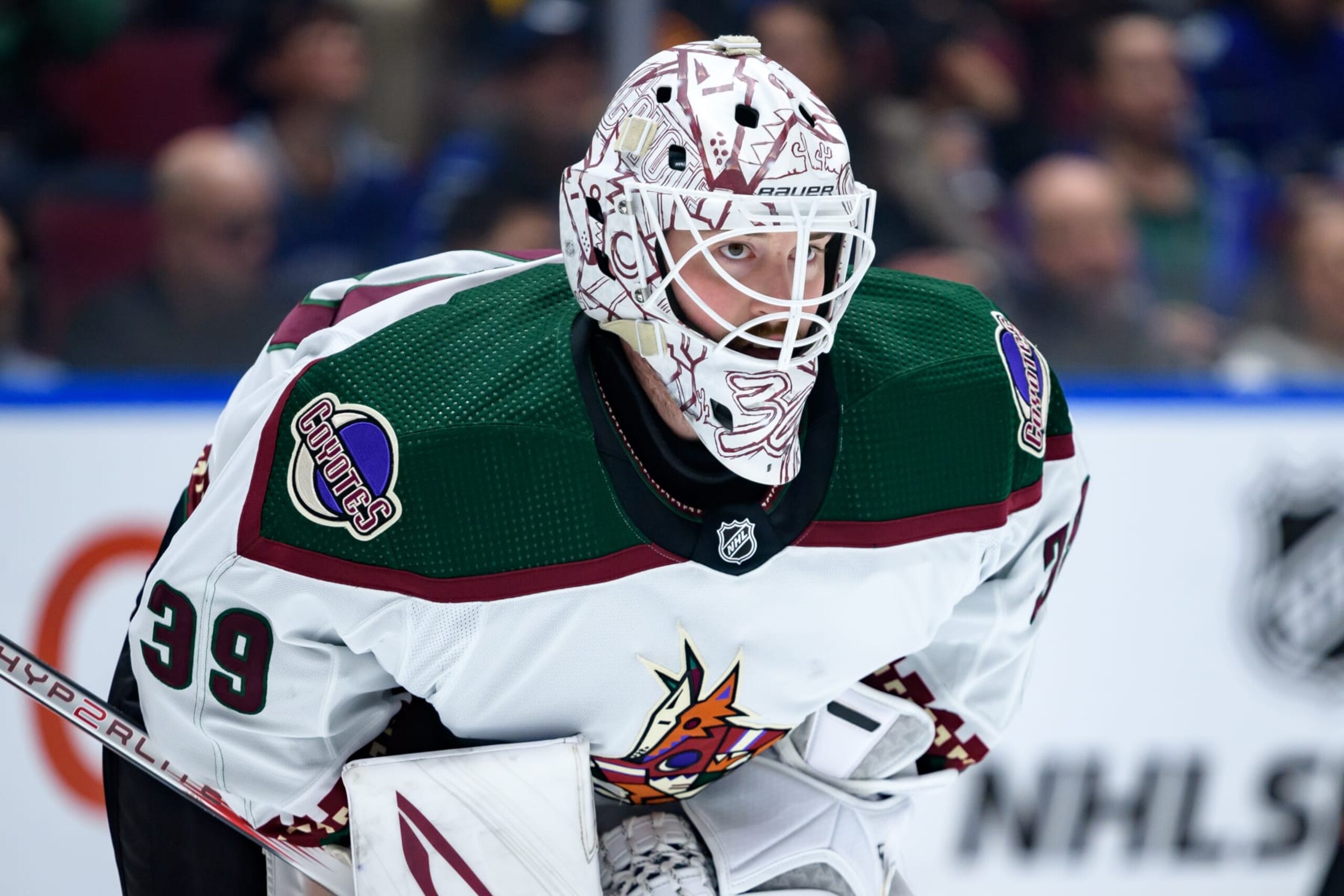 VANCOUVER, CANADA - APRIL 10: Connor Ingram #39 of the Arizona Coyotes in net during the first period of the NHL game against the Vancouver Canucks at Rogers Arena on April 10, 2024 in Vancouver, British Columbia, Canada. (Photo by Derek Cain/Getty Images) VANCOUVER, CANADA - APRIL 10: Connor Ingram #39 of the Arizona Coyotes in net during the first period of the NHL game against the Vancouver Canucks at Rogers Arena on April 10, 2024 in Vancouver, British Columbia, Canada. (Photo by Derek Cain/Getty Images)