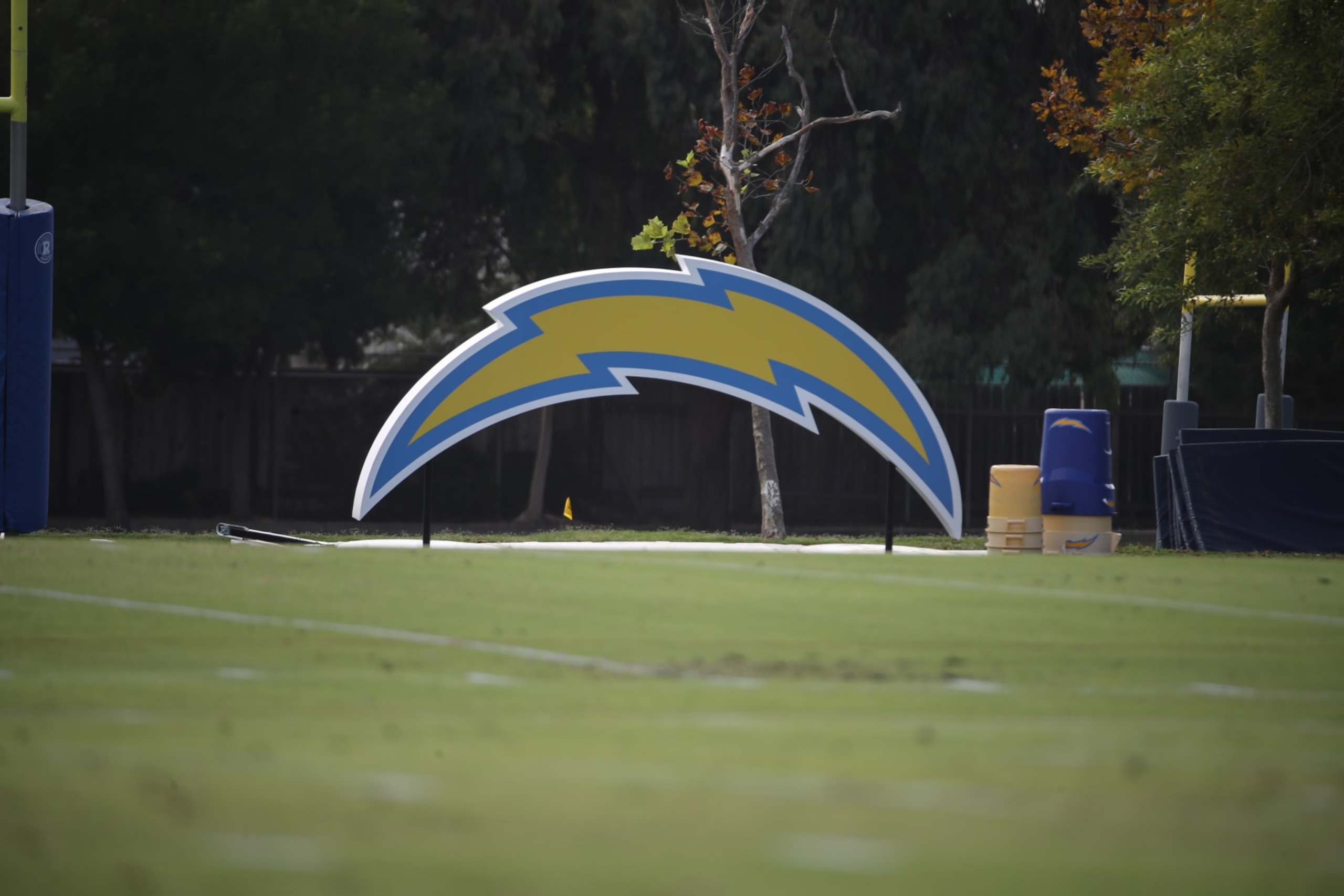COSTA MESA, CA - AUGUST 01:Chargers bolts logo during the Los Angeles Chargers training camp on August 1, 2022, at Jack Hammett Farm Sports Complex in Costa Mesa, CA. (Photo by Jevone Moore/Icon Sportswire via Getty Images) COSTA MESA, CA - AUGUST 01:Chargers bolts logo during the Los Angeles Chargers training camp on August 1, 2022, at Jack Hammett Farm Sports Complex in Costa Mesa, CA. (Photo by Jevone Moore/Icon Sportswire via Getty Images)