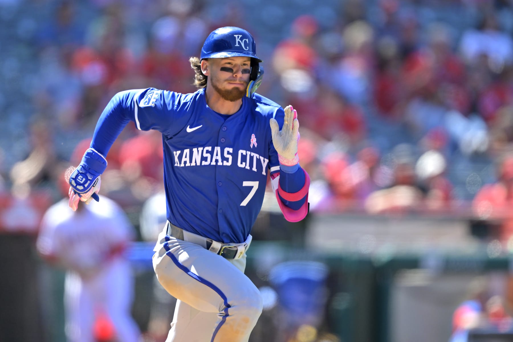 ANAHEIM, CALIFORNIA - MAY 12: Bobby Witt Jr. #7 of the Kansas City Royals runs to first on a single in the eighth inning against the Los Angeles Angels at Angel Stadium of Anaheim on May 12, 2024 in Anaheim, California. (Photo by Jayne Kamin-Oncea/Getty Images)