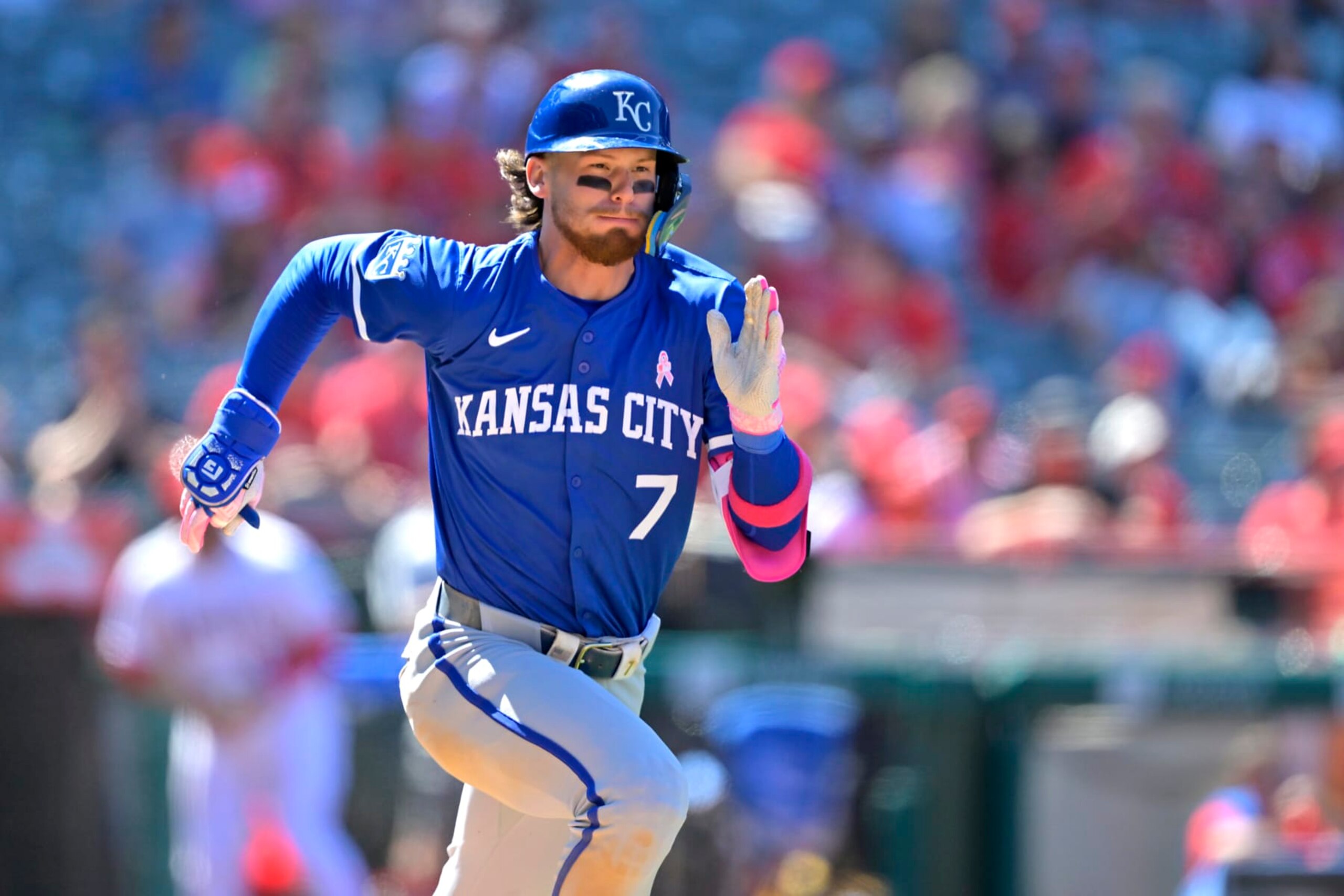 ANAHEIM, CALIFORNIA - MAY 12: Bobby Witt Jr. #7 of the Kansas City Royals runs to first on a single in the eighth inning against the Los Angeles Angels at Angel Stadium of Anaheim on May 12, 2024 in Anaheim, California. (Photo by Jayne Kamin-Oncea/Getty Images)