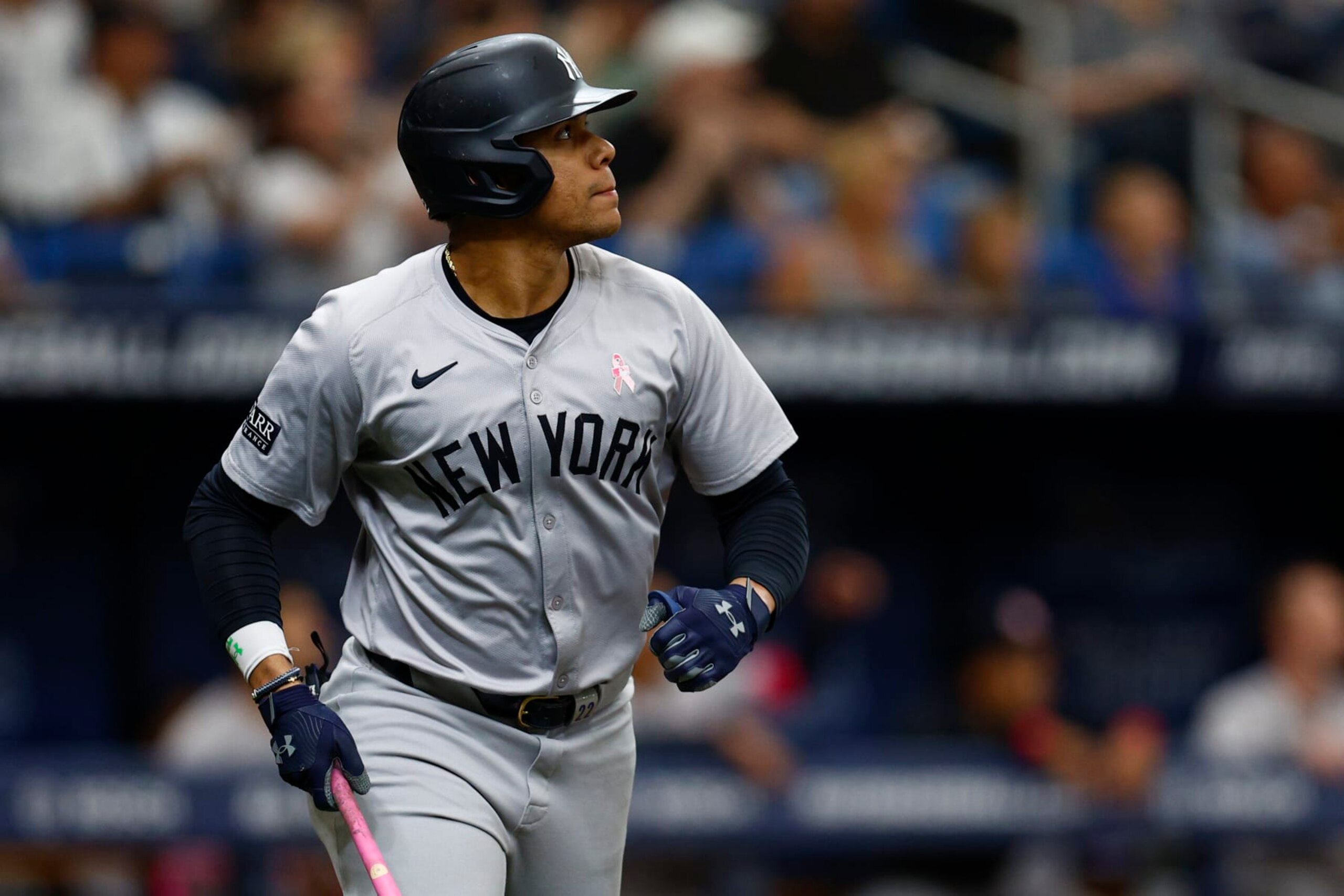 ST PETERSBURG, FLORIDA - MAY 12: Juan Soto #22 of the New York Yankees reacts during the first inning against the New York Yankees at Tropicana Field on May 12, 2024 in St Petersburg, Florida. (Photo by Douglas P. DeFelice/Getty Images)