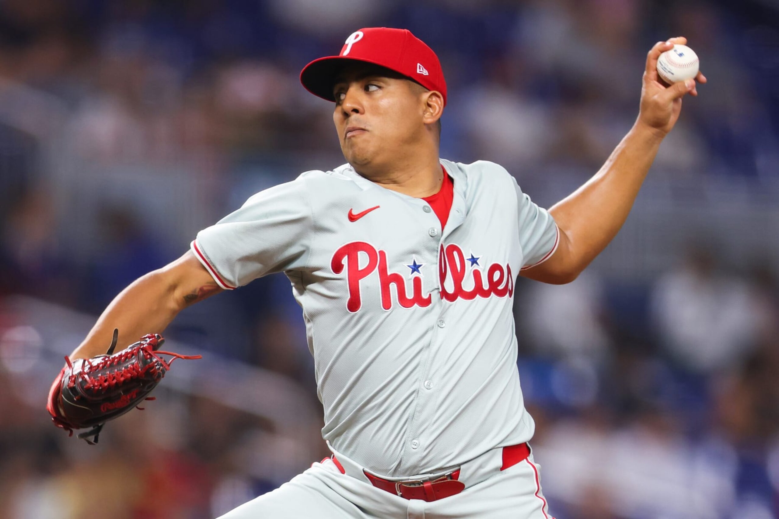 MIAMI, FLORIDA - MAY 10: Ranger Suárez #55 of the Philadelphia Phillies pitches against the Miami Marlins during the first inning of the game at loanDepot park on May 10, 2024 in Miami, Florida. (Photo by Megan Briggs/Getty Images)