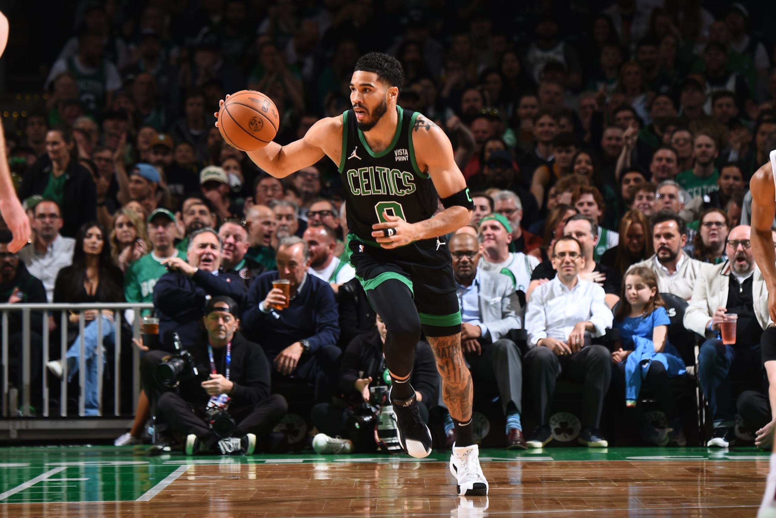 BOSTON, MA - MAY 15: Jayson Tatum #0 of the Boston Celtics handles the ball during the game  against the Cleveland Cavaliers during Round 2 Game 5 of the 2024 NBA Playoffs on May 15, 2024 at the TD Garden in Boston, Massachusetts. NOTE TO USER: User expressly acknowledges and agrees that, by downloading and or using this photograph, User is consenting to the terms and conditions of the Getty Images License Agreement. Mandatory Copyright Notice: Copyright 2024 NBAE  (Photo by Brian Babineau/NBAE via Getty Images)