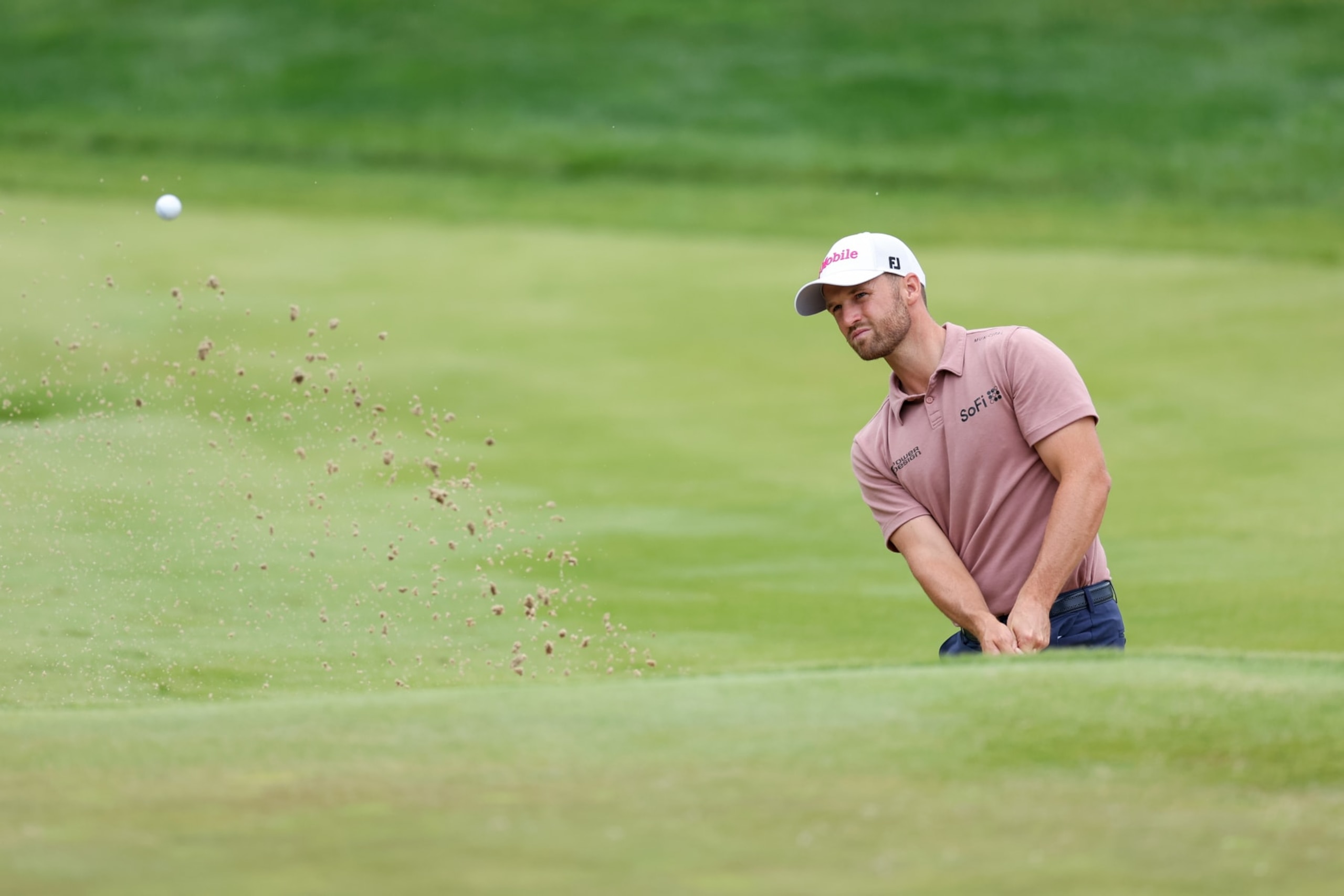 LOUISVILLE, KENTUCKY - MAY 15: Wyndham Clark of the United States plays his shot from the bunker on the third hole during a practice round prior to the 2024 PGA Championship at Valhalla Golf Club on May 15, 2024 in Louisville, Kentucky. (Photo by Christian Petersen/Getty Images)