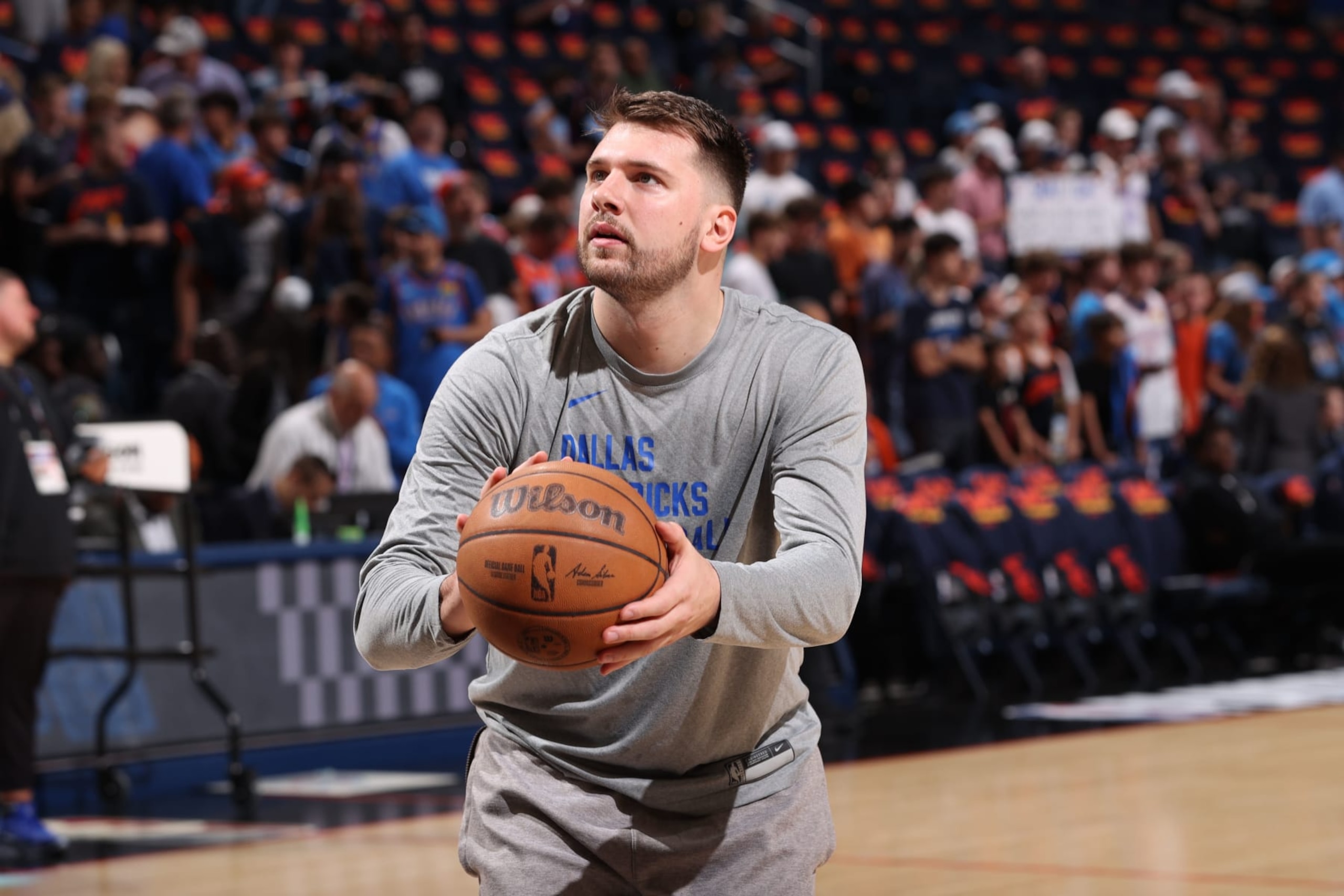 OKLAHOMA CITY, OK - MAY 15: Luka Doncic #77 of the Dallas Mavericks warms up before the game against the Oklahoma City Thunder during Round 2 Game 5 of the 2024 NBA Playoffs on May 15, 2024 at Paycom Arena in Oklahoma City, Oklahoma. NOTE TO USER: User expressly acknowledges and agrees that, by downloading and or using this photograph, User is consenting to the terms and conditions of the Getty Images License Agreement. Mandatory Copyright Notice: Copyright 2024 NBAE (Photo by Joe Murphy/NBAE via Getty Images)