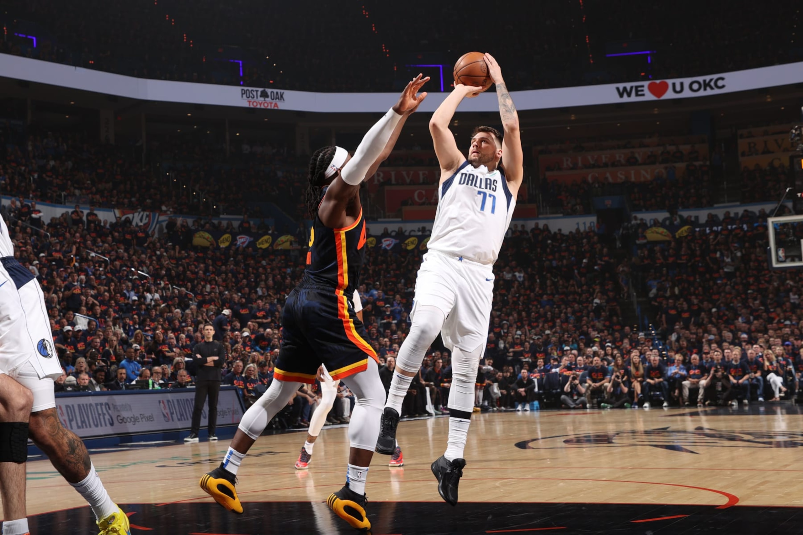 OKLAHOMA CITY, OK - MAY 15: Luka Doncic #77 of the Dallas Mavericks shoots the ball during the game against the Oklahoma City Thunder during Round 2 Game 5 of the 2024 NBA Playoffs on May 15, 2024 at Paycom Arena in Oklahoma City, Oklahoma. NOTE TO USER: User expressly acknowledges and agrees that, by downloading and or using this photograph, User is consenting to the terms and conditions of the Getty Images License Agreement. Mandatory Copyright Notice: Copyright 2024 NBAE (Photo by Joe Murphy/NBAE via Getty Images)
