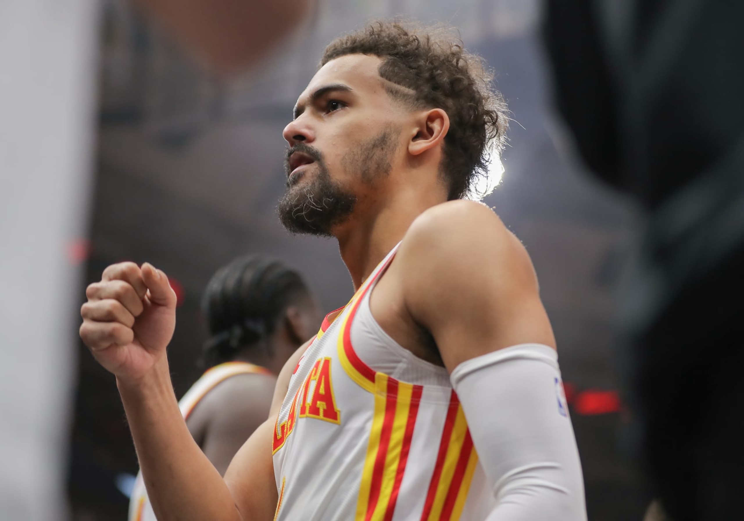 CHICAGO, IL - APRIL 17: Trae Young #11 of the Atlanta Hawks prior to the start of the 2024 Play-In Tournament against the Chicago Bulls at the United Center on April 17, 2024  in Chicago, Illinois. (Photo by Melissa Tamez/Icon Sportswire via Getty Images)