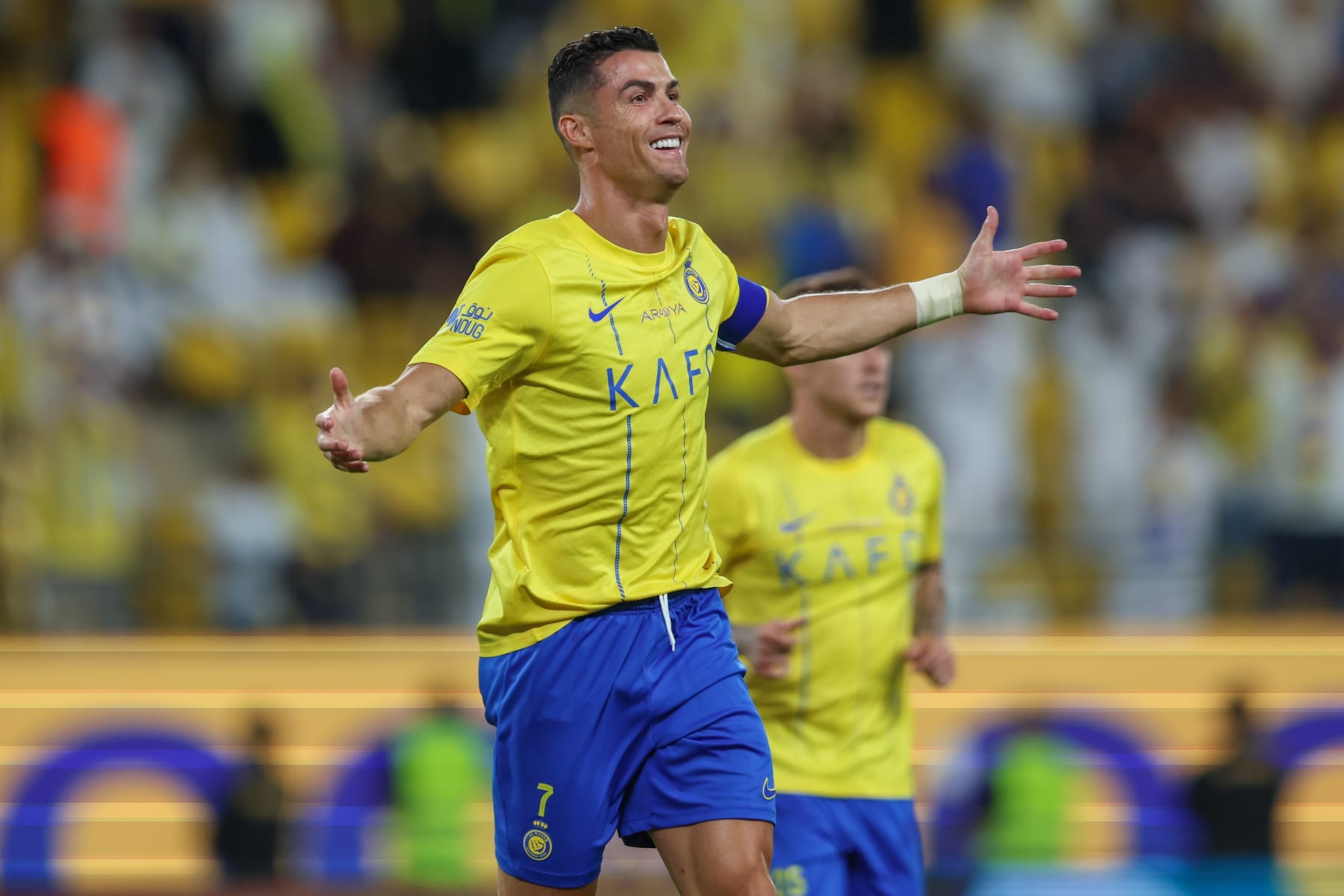 RIYADH, SAUDI ARABIA - MAY 4: Cristiano Ronaldo of Al Nassr celebrates after scoring the 2nd goal during the Saudi Pro League match between Al-Nassr and Al Wehda at Al Awwal Park on May 4, 2024 in Riyadh, Saudi Arabia.(Photo by Yasser Bakhsh/Getty Images)