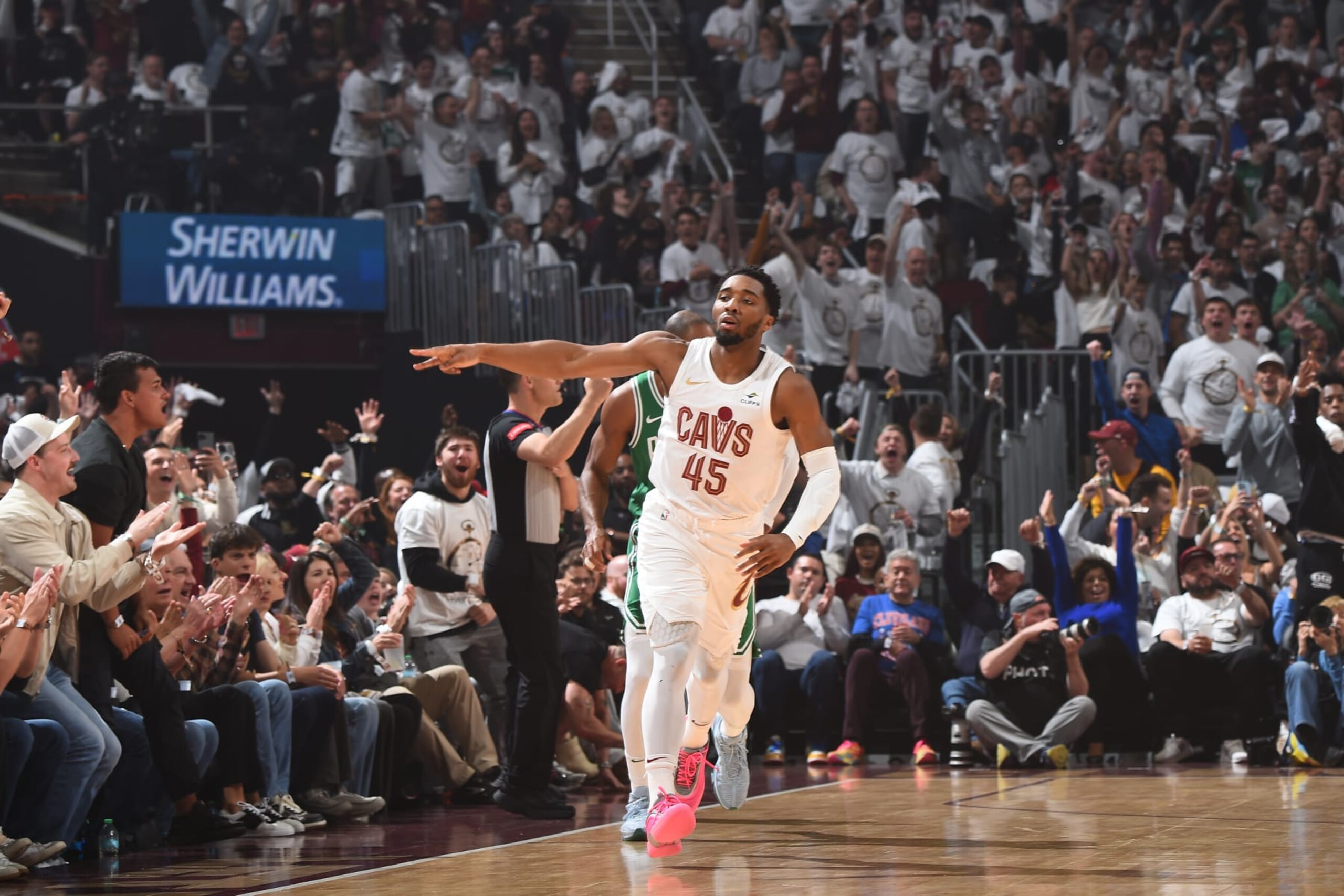 CLEVELAND, OH - MAY 11: Donovan Mitchell #45 of the Cleveland Cavaliers celebrates during the game against the Boston Celtics during Round 2 Game 3 of the 2024 NBA Playoffs on May 11, 2024 at Rocket Mortgage FieldHouse in Cleveland, Ohio. NOTE TO USER: User expressly acknowledges and agrees that, by downloading and/or using this Photograph, user is consenting to the terms and conditions of the Getty Images License Agreement. Mandatory Copyright Notice: Copyright 2024 NBAE (Photo by Brian Babineau/NBAE via Getty Images) CLEVELAND, OH - MAY 11: Donovan Mitchell #45 of the Cleveland Cavaliers celebrates during the game against the Boston Celtics during Round 2 Game 3 of the 2024 NBA Playoffs on May 11, 2024 at Rocket Mortgage FieldHouse in Cleveland, Ohio. NOTE TO USER: User expressly acknowledges and agrees that, by downloading and/or using this Photograph, user is consenting to the terms and conditions of the Getty Images License Agreement. Mandatory Copyright Notice: Copyright 2024 NBAE (Photo by Brian Babineau/NBAE via Getty Images)