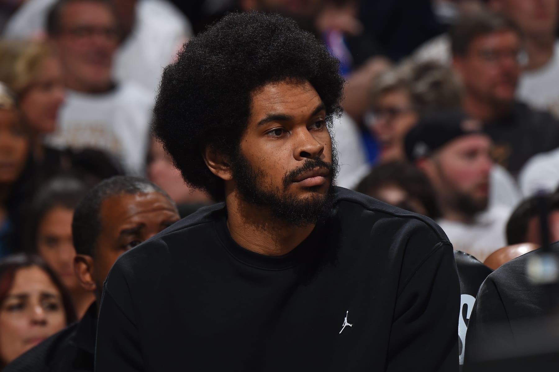 CLEVELAND, OH - MAY 13: Jarrett Allen #31 of the Cleveland Cavaliers looks on during the game against the Boston Celtics during Round 2 Game 4 of the 2024 NBA Playoffs on May 13, 2024 at Rocket Mortgage FieldHouse in Cleveland, Ohio. NOTE TO USER: User expressly acknowledges and agrees that, by downloading and/or using this Photograph, user is consenting to the terms and conditions of the Getty Images License Agreement. Mandatory Copyright Notice: Copyright 2024 NBAE (Photo by Brian Babineau/NBAE via Getty Images)