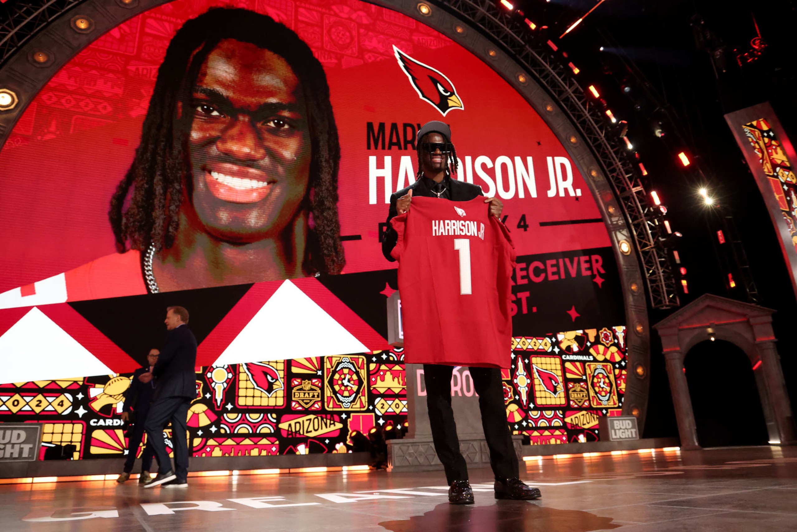 DETROIT, MICHIGAN - APRIL 25: Marvin Harrison Jr. celebrates after being selected fourth overall by the Arizona Cardinals during the first round of the 2024 NFL Draft at Campus Martius Park and Hart Plaza on April 25, 2024 in Detroit, Michigan. (Photo by Gregory Shamus/Getty Images)