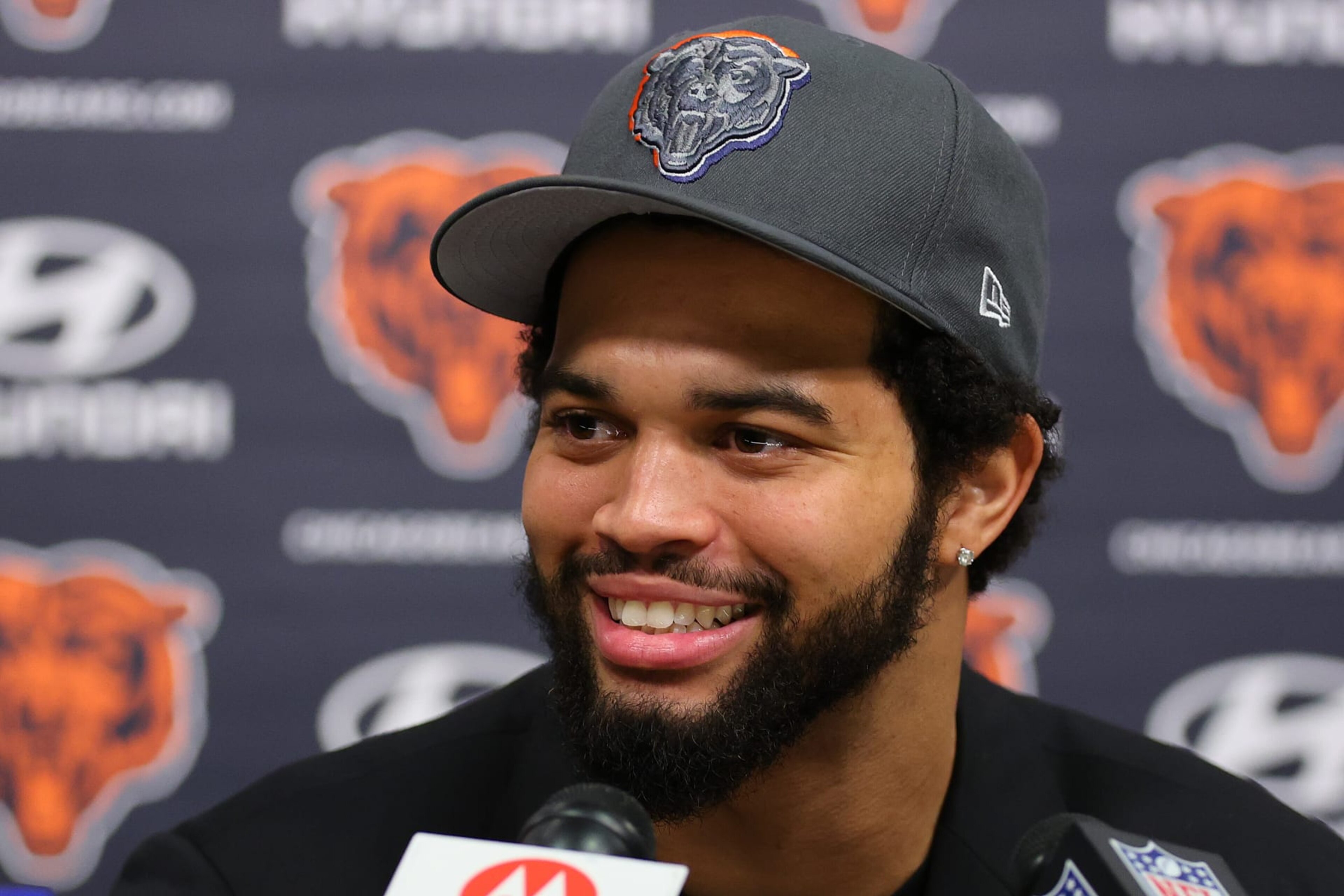 LAKE FOREST, ILLINOIS - APRIL 26: Caleb Williams #18 of the Chicago Bears speaks answers a question from the media during his introductory press conference at Halas Hall on April 26, 2024 in Lake Forest, Illinois. Caleb Williams was drafted first overall in the 2024 NFL Draft on Thursday. (Photo by Michael Reaves/Getty Images)