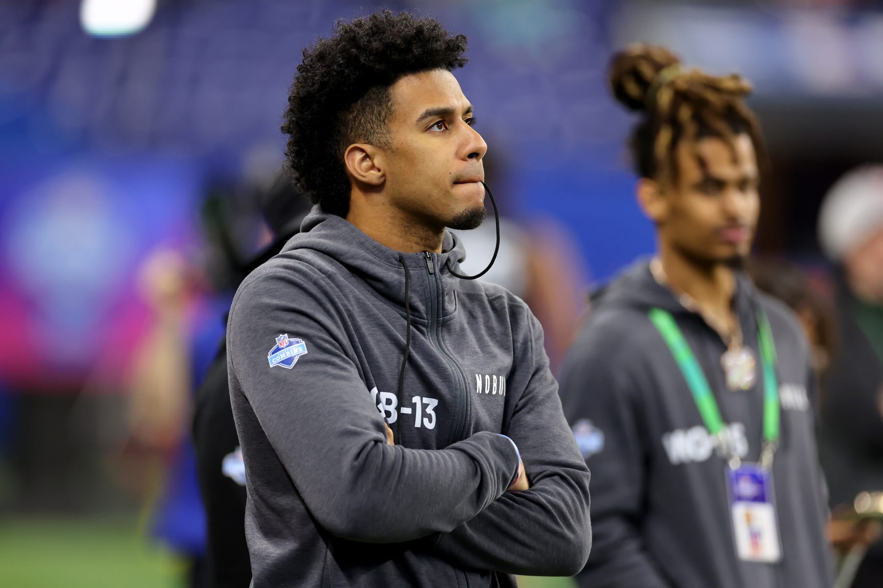 INDIANAPOLIS, INDIANA - MARCH 02: Jordan Travis #QB13 of Florida State looks on during the NFL Combine at Lucas Oil Stadium on March 02, 2024 in Indianapolis, Indiana. (Photo by Stacy Revere/Getty Images)