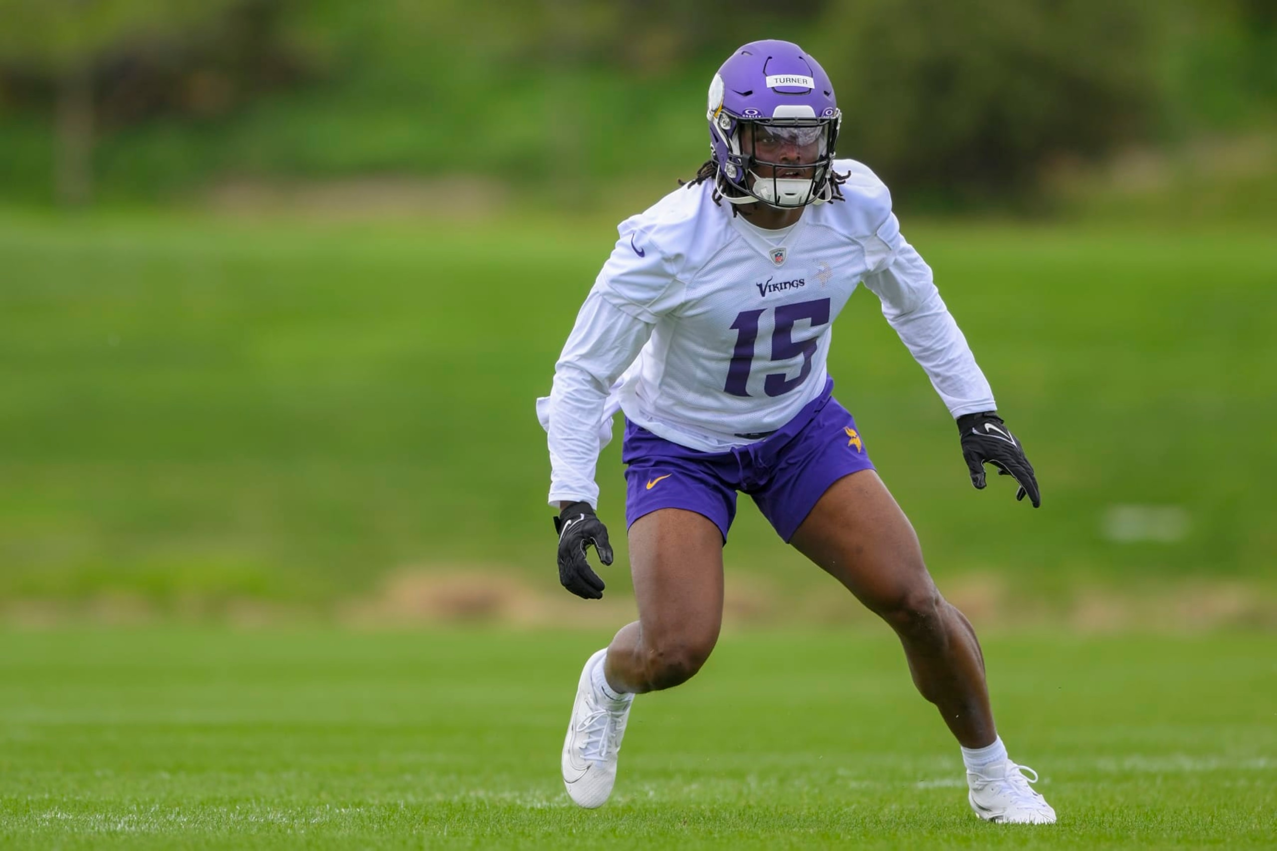 EAGAN, MN - MAY 10: Minnesota Vikings linebacker Dallas Turner (15) runs through a drill during Minnesota Vikings Rookie Camp on May 10, 2024, at TCO Performance Center in Eagan, MN.(Photo by Nick Wosika/Icon Sportswire via Getty Images)