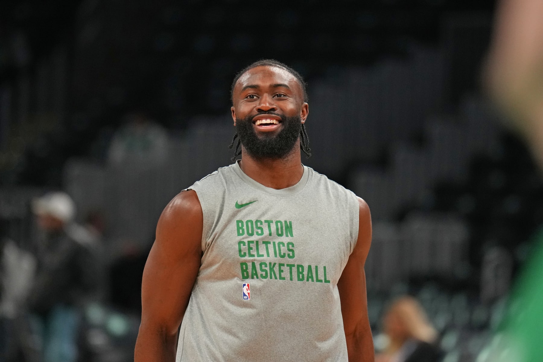 BOSTON, MA - MAY 15: Jaylen Brown #7 of the Boston Celtics smiles before the game against the Cleveland Cavaliers during Round 2 Game 5 of the 2024 NBA Playoffs on May 15, 2024 at the TD Garden in Boston, Massachusetts. NOTE TO USER: User expressly acknowledges and agrees that, by downloading and or using this photograph, User is consenting to the terms and conditions of the Getty Images License Agreement. Mandatory Copyright Notice: Copyright 2024 NBAE  (Photo by Jesse D. Garrabrant/NBAE via Getty Images)